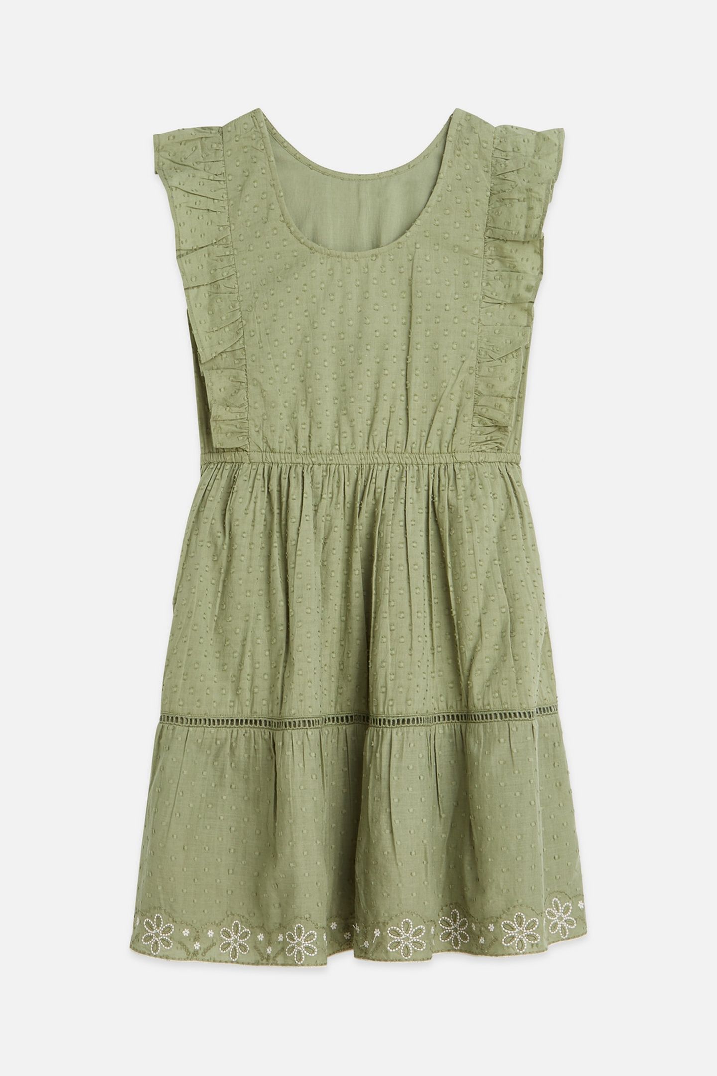 GIRLS EMBROIDERED HEM CLIP JACQUARD COTTON DRESS DARK GREEN 4