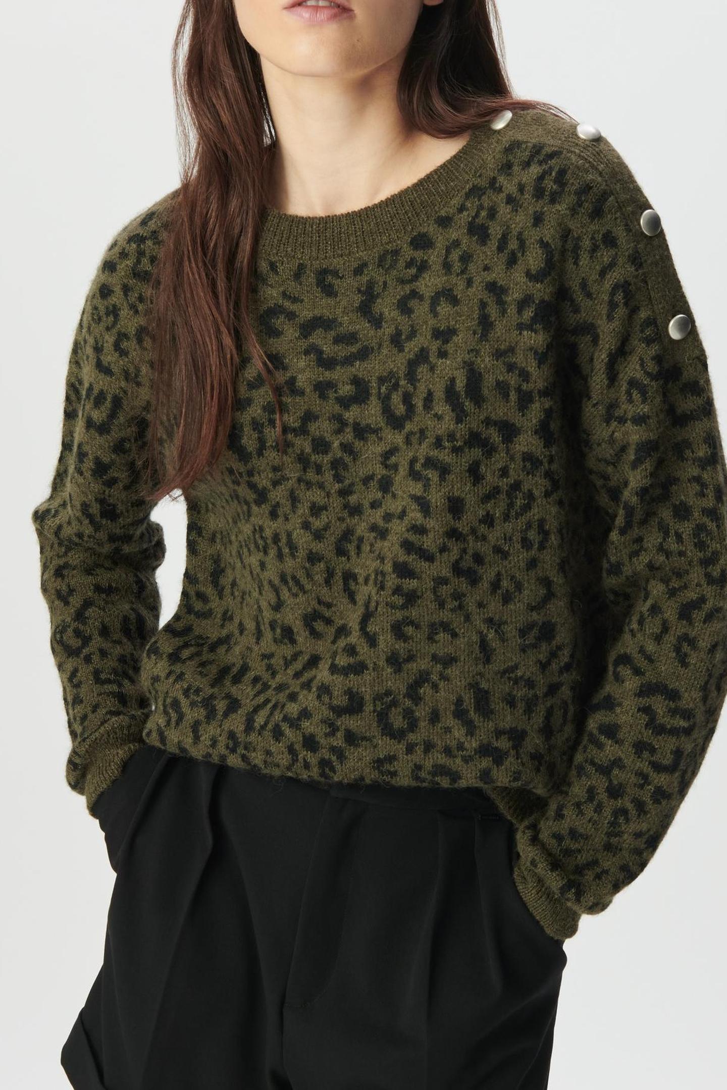 KHAKI KNIT SWEATER WITH LEOPARD JACQUARD MOTIF 1