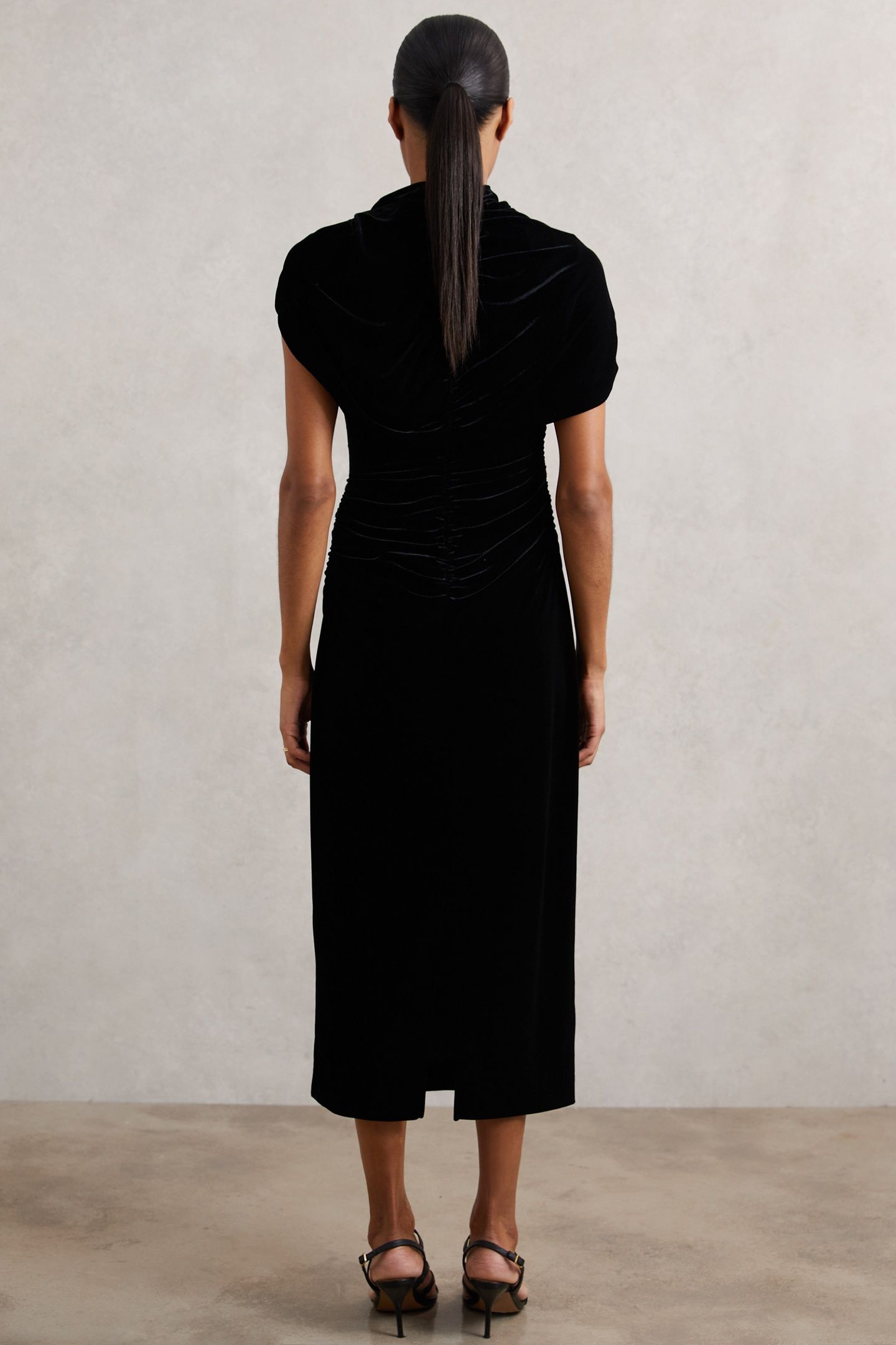 RUCHED VELVET MIDI DRESS BLACK 3