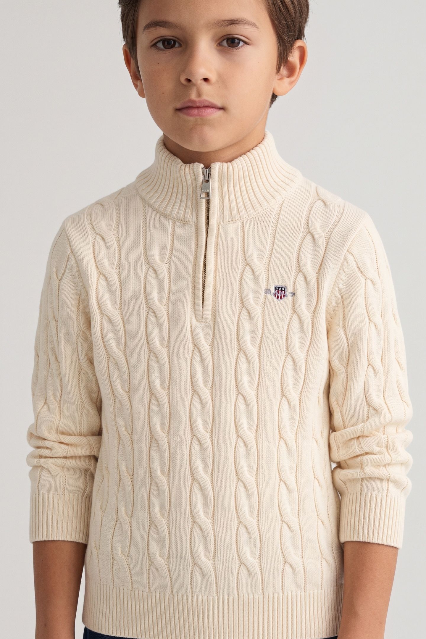 KIDS UNISEX COTTON CABLE HALF ZIP CREAM 1