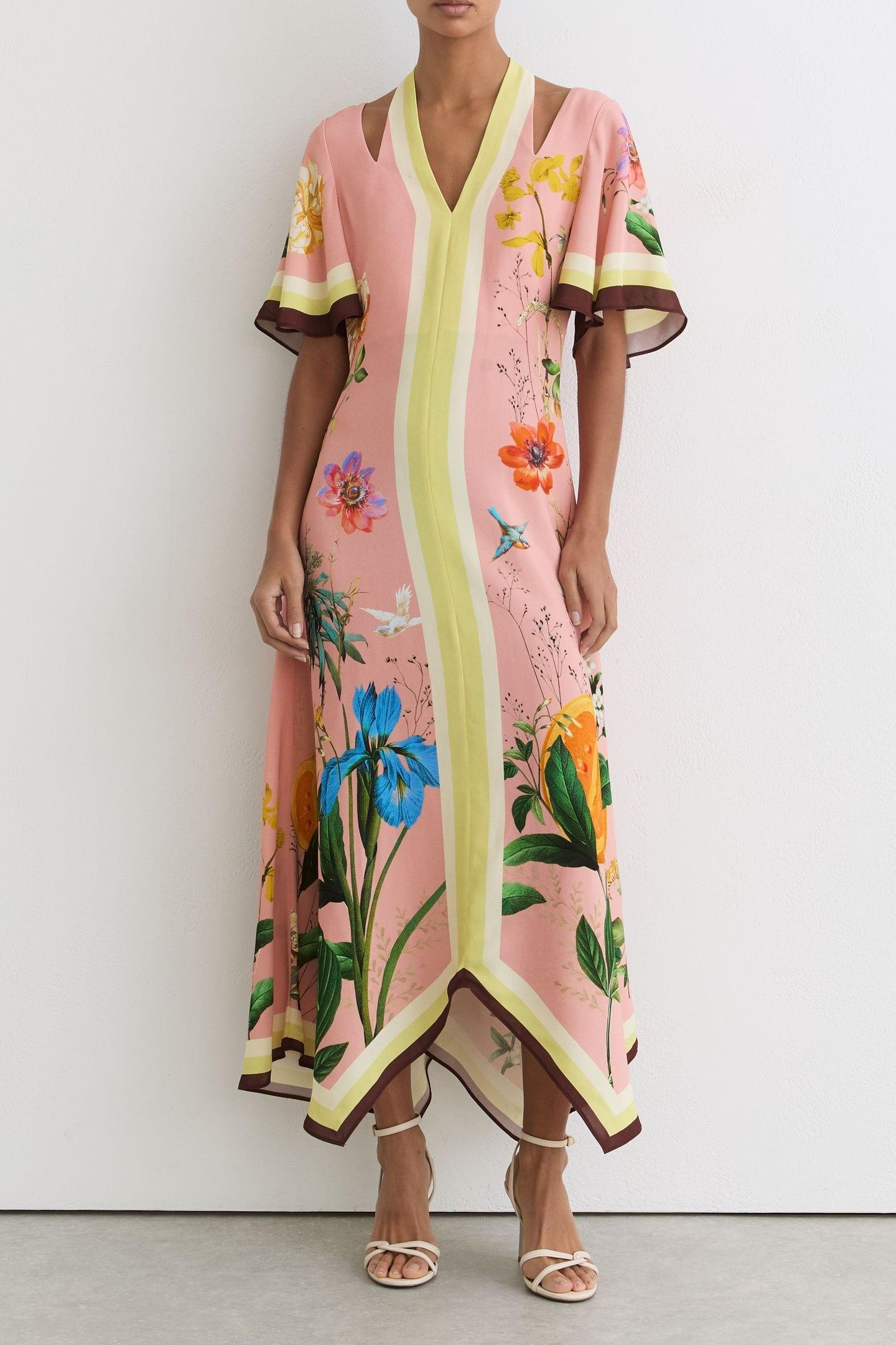 SHORT SLEEVE PLACEMENT PRINTED MIDI DRESS PINK 1