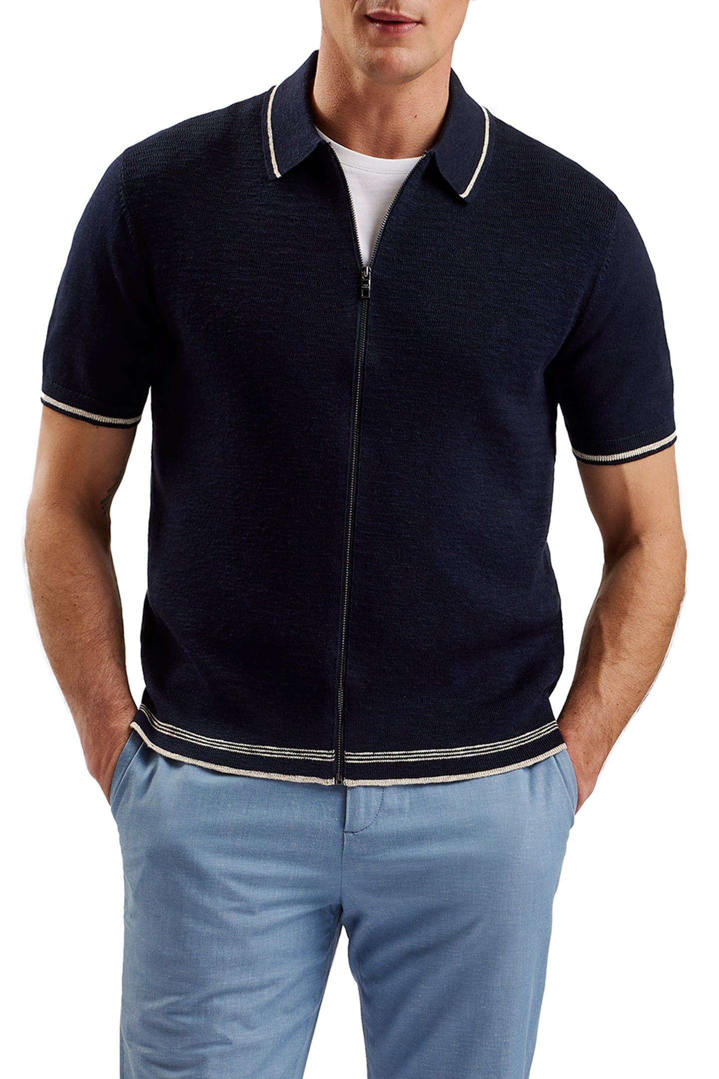ROJOR SS ZIP THROUGH TEXTURED FRONT NAVY 1