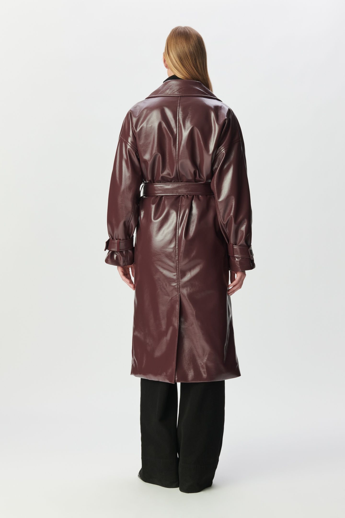 BURGUNDY VINYL-STYLE LONG TRENCH COAT 2