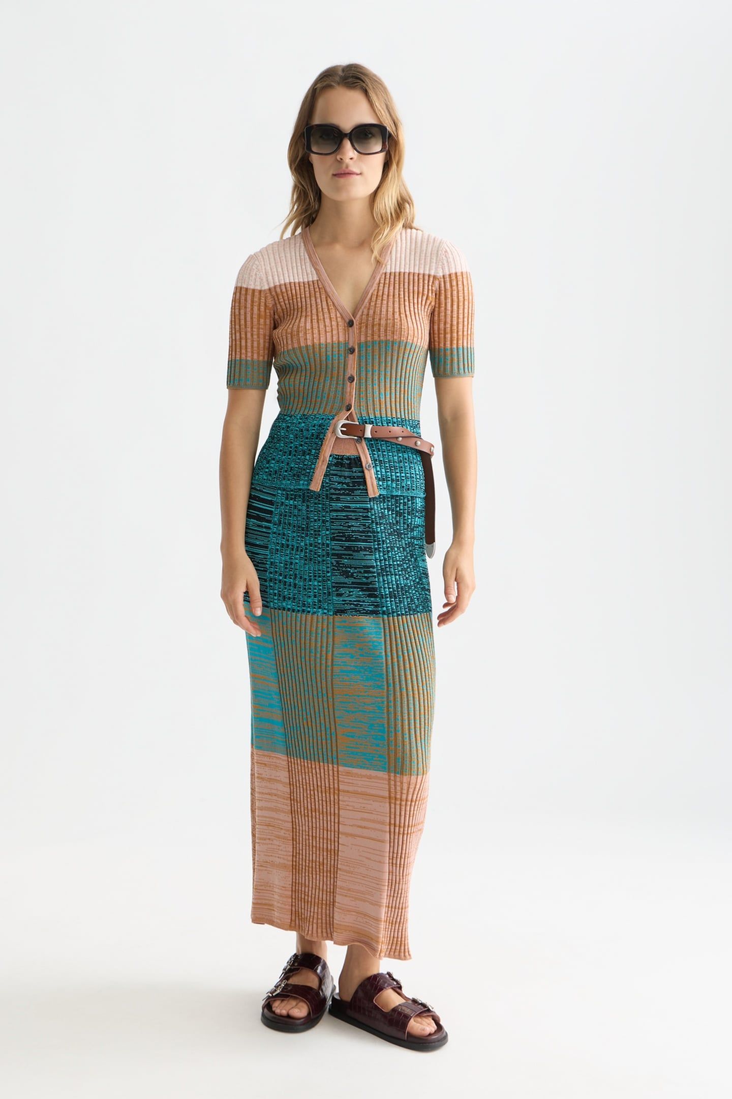 BLOCK STRIPE RIBBED SHORT SLEEVE CARDIGAN TAHITIAN TEAL 3
