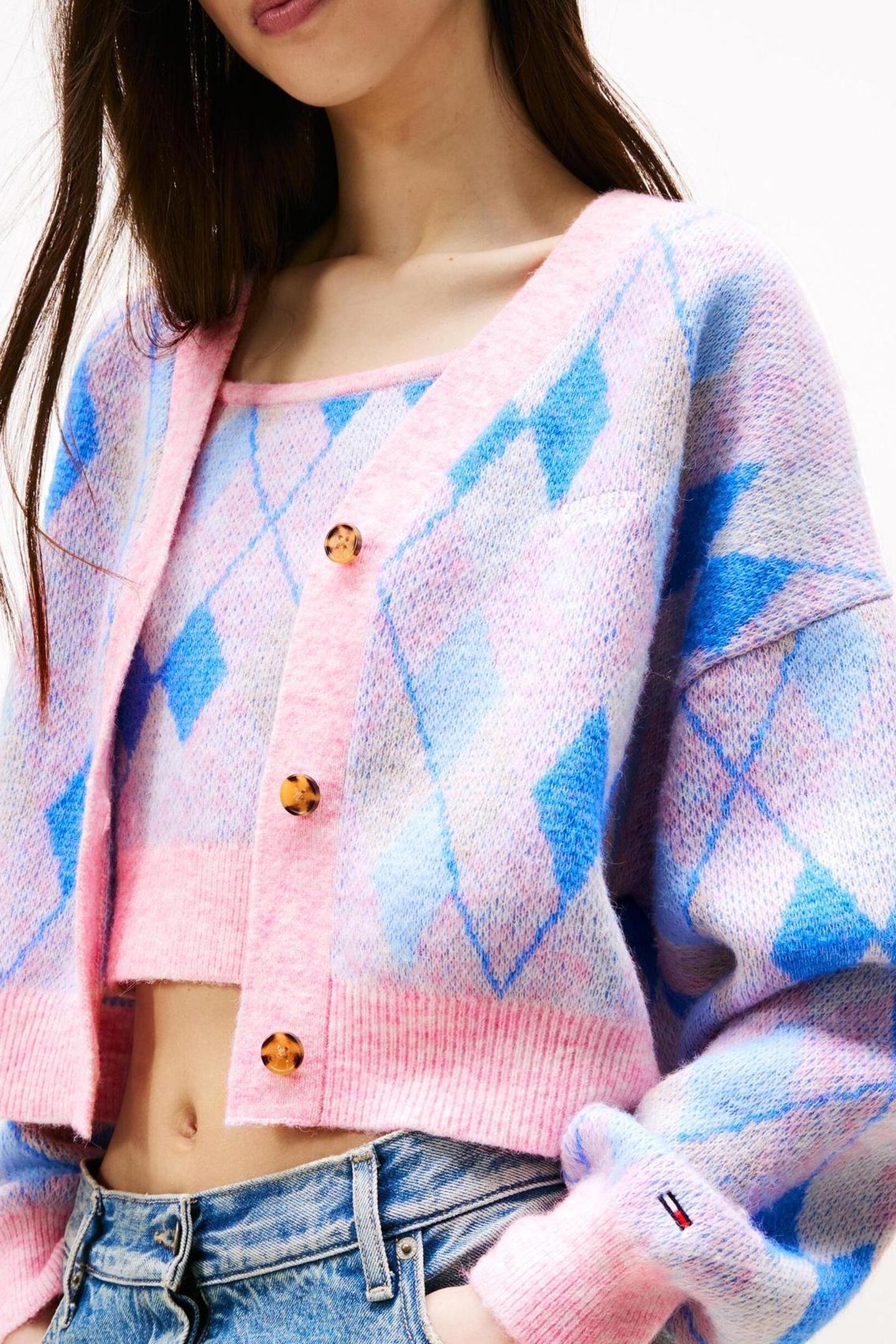 TJW CROP ARGYLE CARDIGAN CARNIVAL PINK/MULTI 5