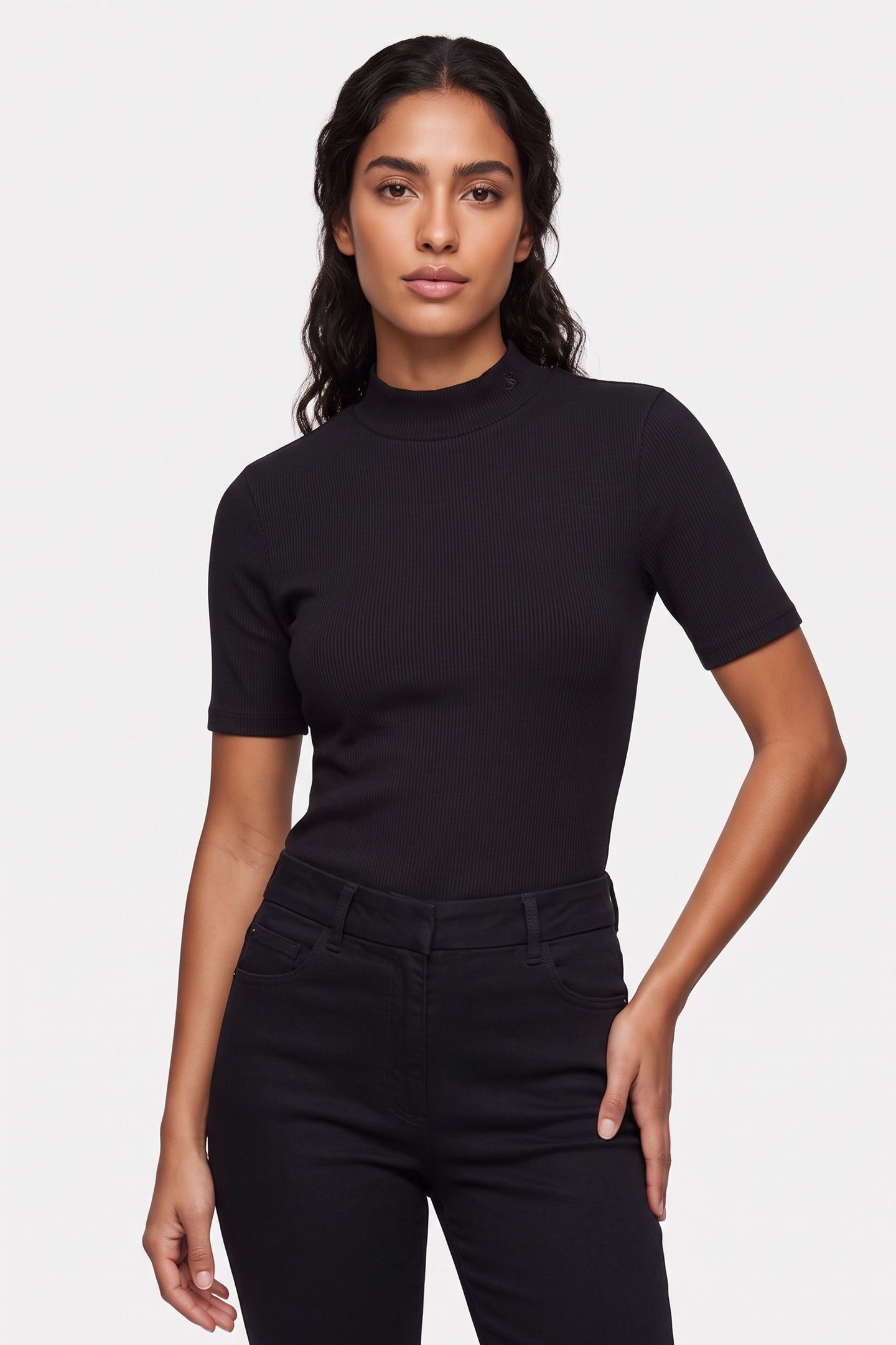 CORE MOCK NECK RIB T-SHIRT BLACK 1
