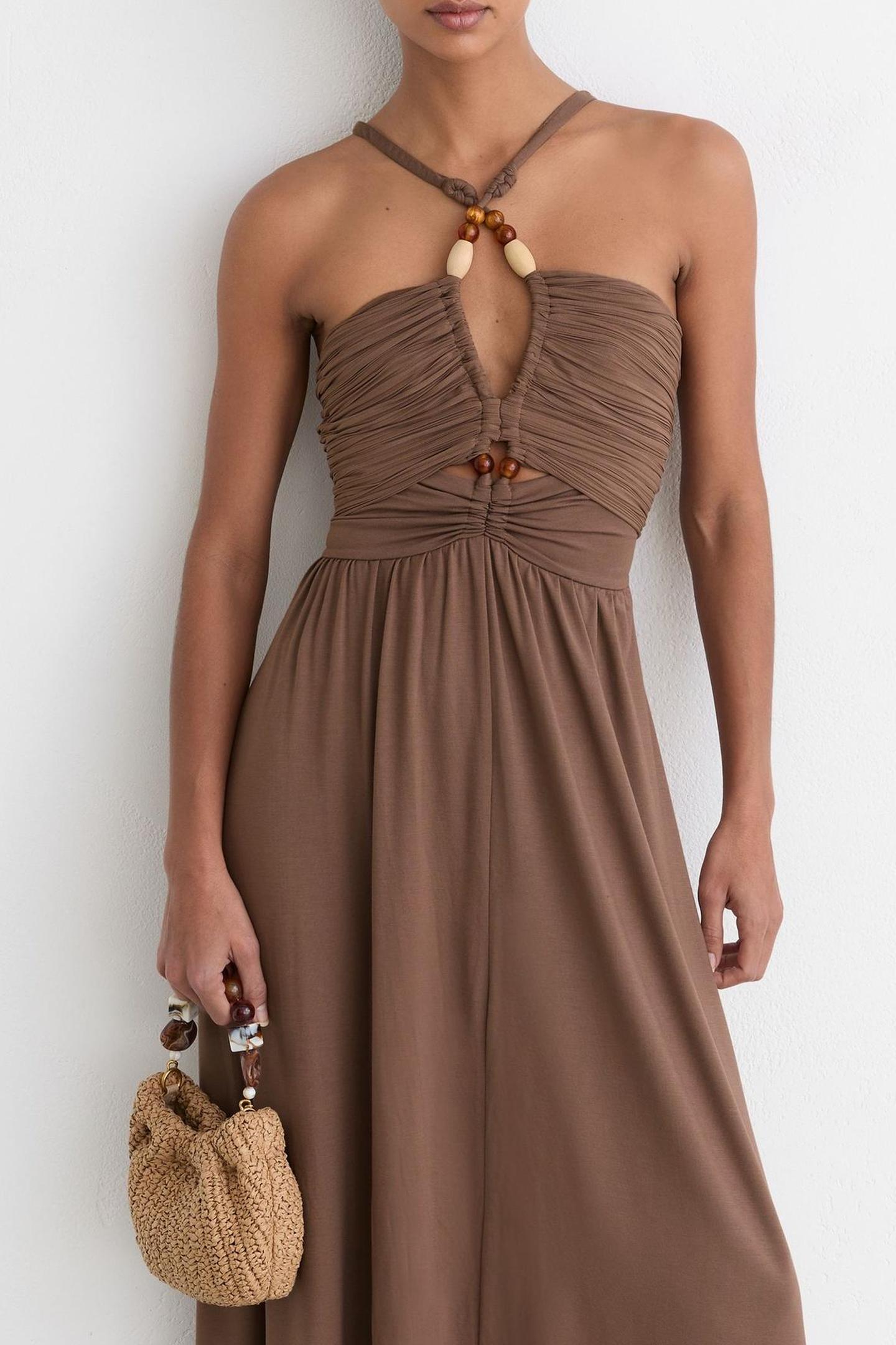 BEADED JERSEY MAXI DRESS TAUPE BROWN 1