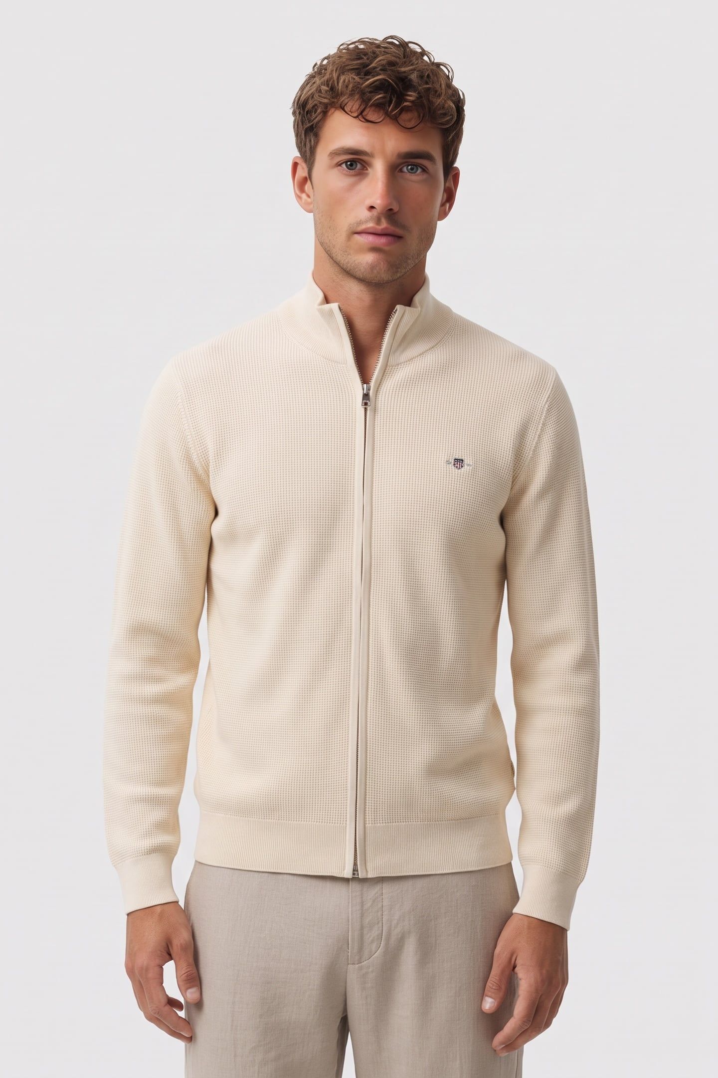 WAFFLE KNIT ZIP CARDIGAN CREAM 1