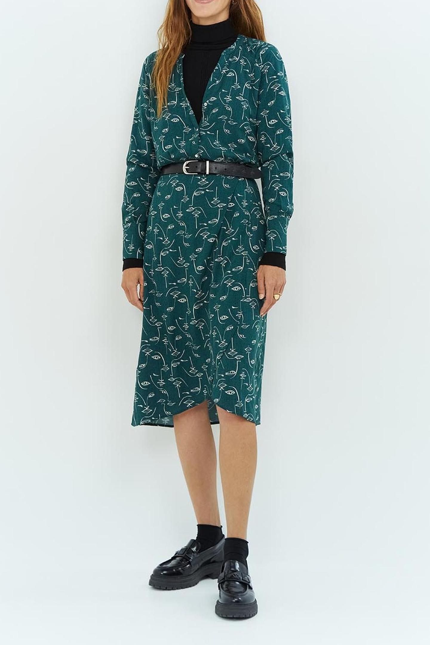 REVERDY _ CEDAR GREEN MIDI DRESS WITH FACE PRINT 4