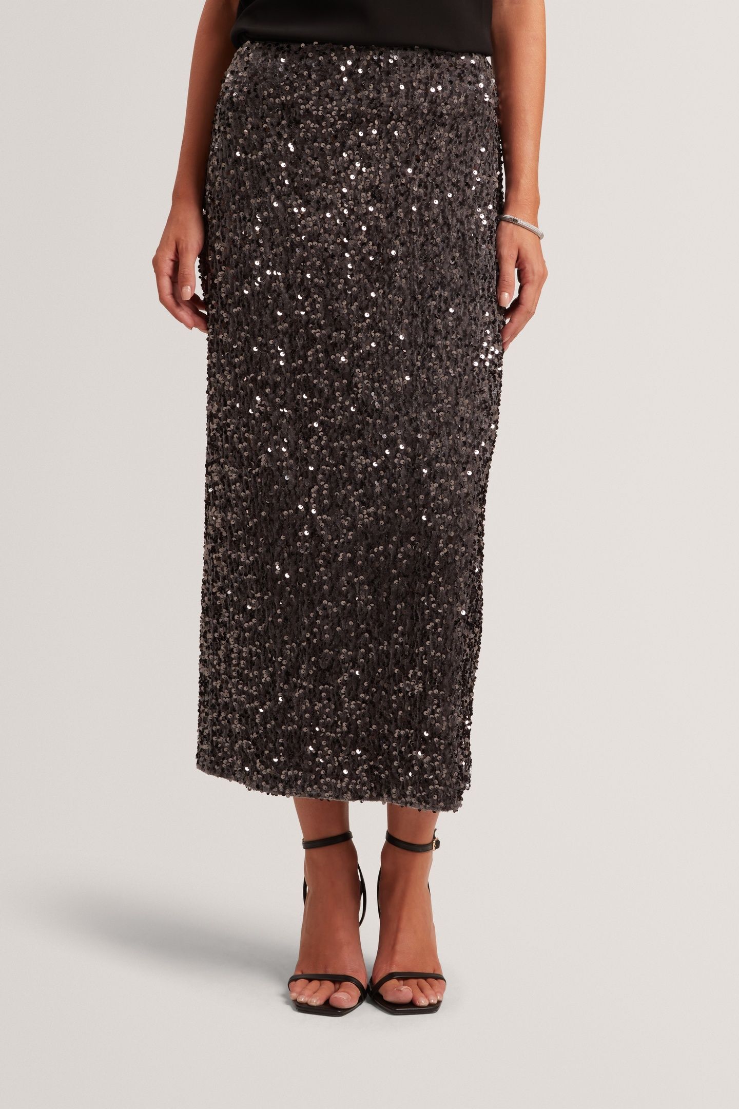 VELVET SEQUIN MIDI SKIRT GREY 1