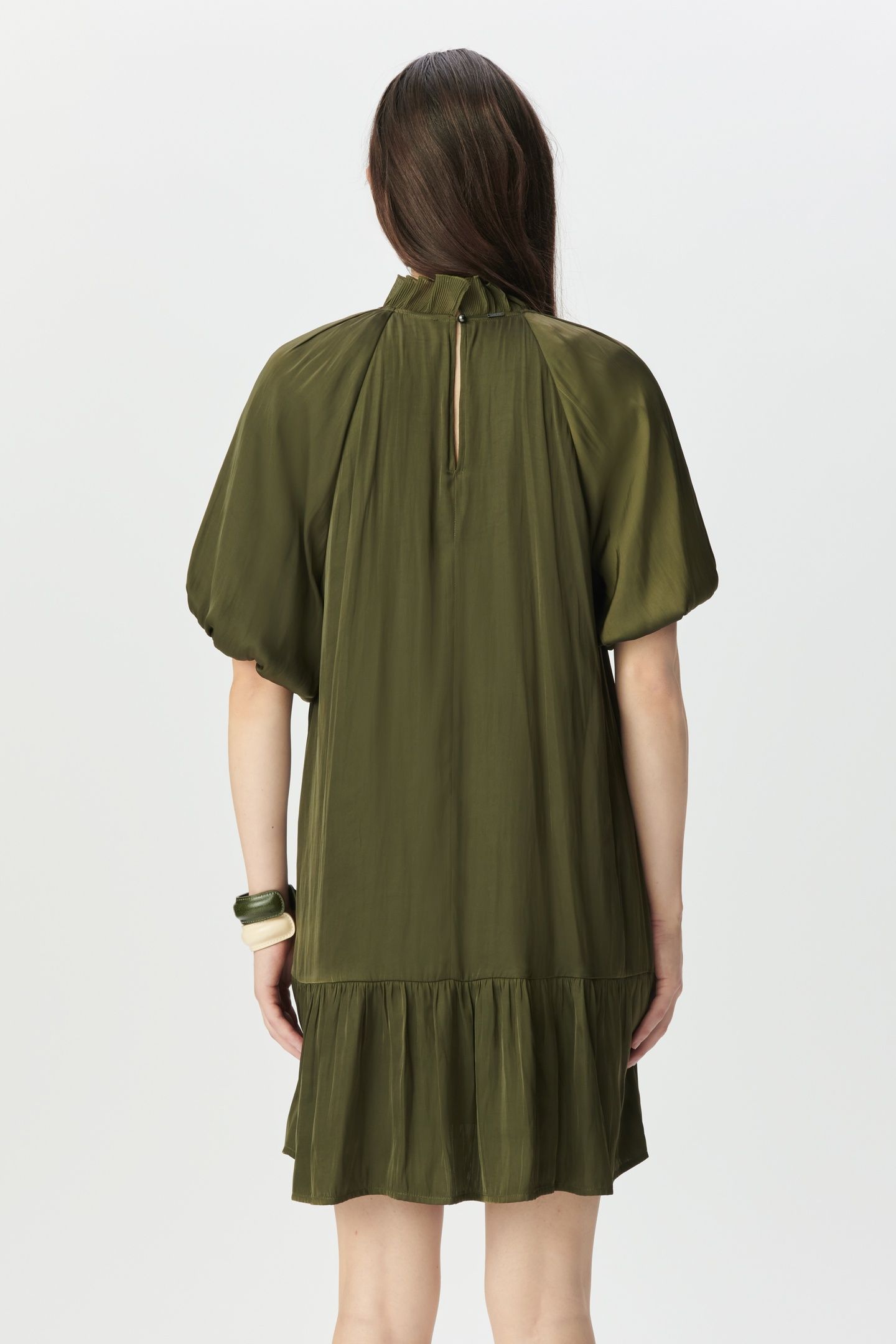 KHAKI FLOWING DRESS WITH BALLOON SLEEVES 2