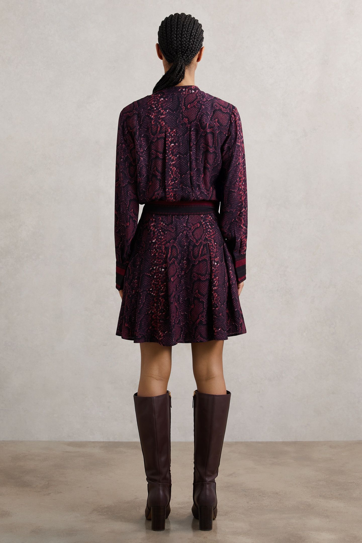 SNAKE PRINT FLIPPY DRESS BURGUNDY/BLACK 3