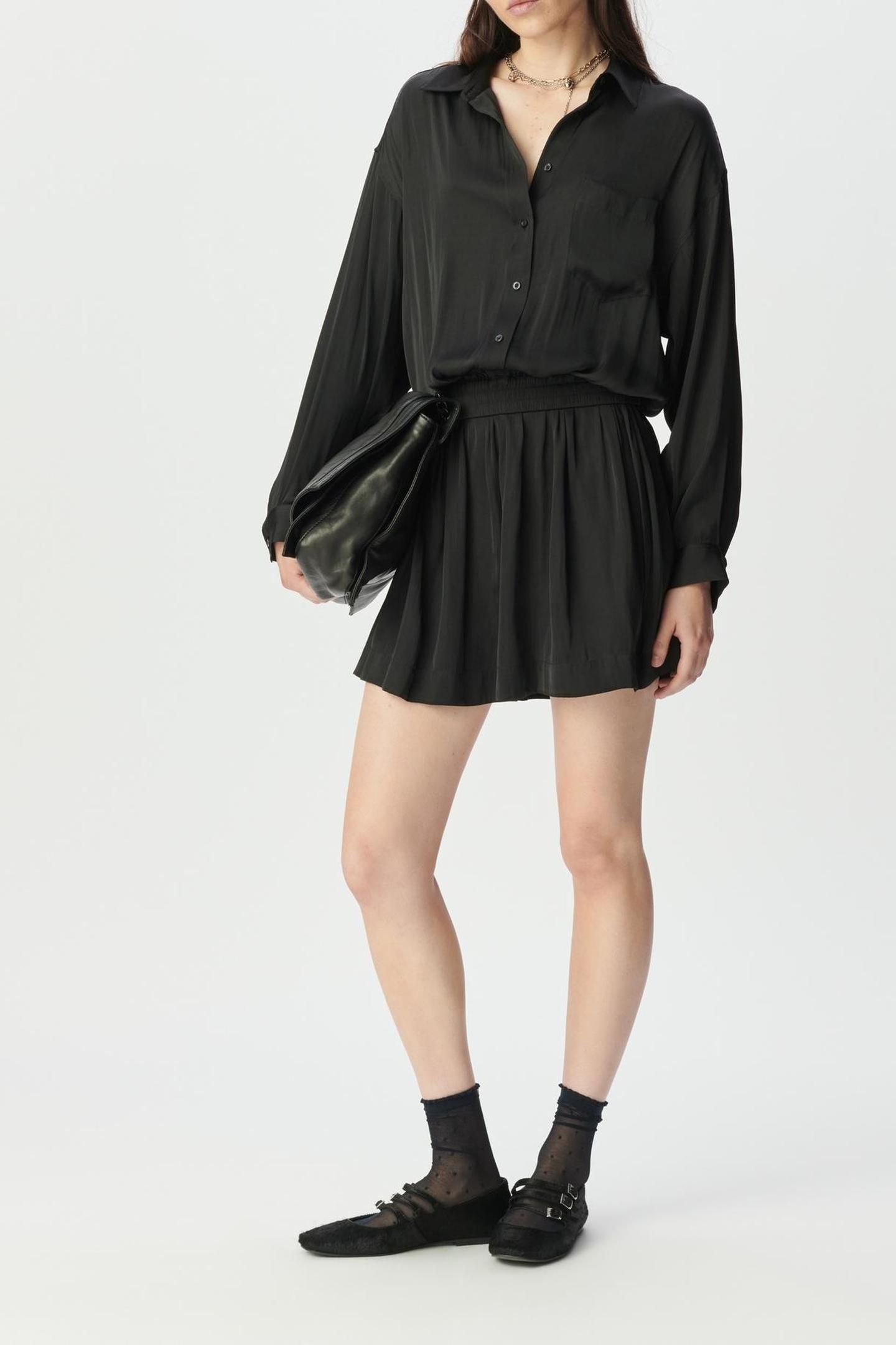 BLACK SATIN TROMPE-L'OEIL SHIRT DRESS 1