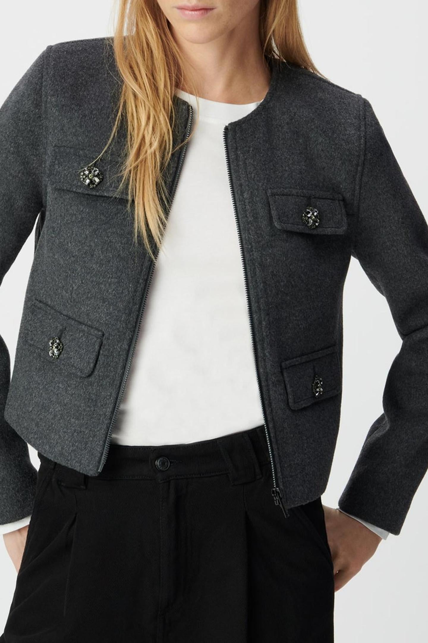GREY WOOLCLOTH BOX JACKET WITH DIAMANTÉ BUTTONS 1
