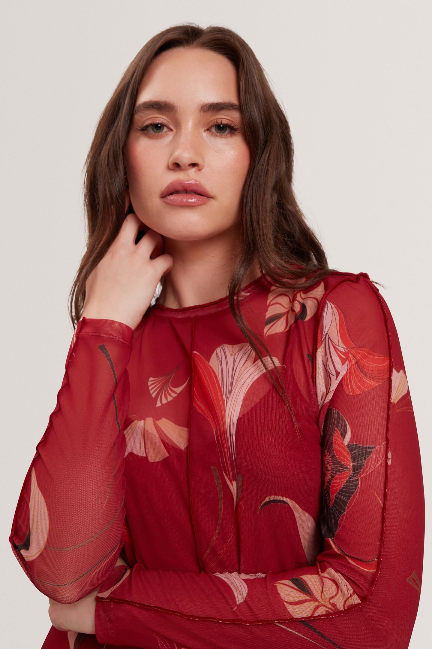 MESH LONG SLEEVE PRINTED MIDI DRESS RED 4