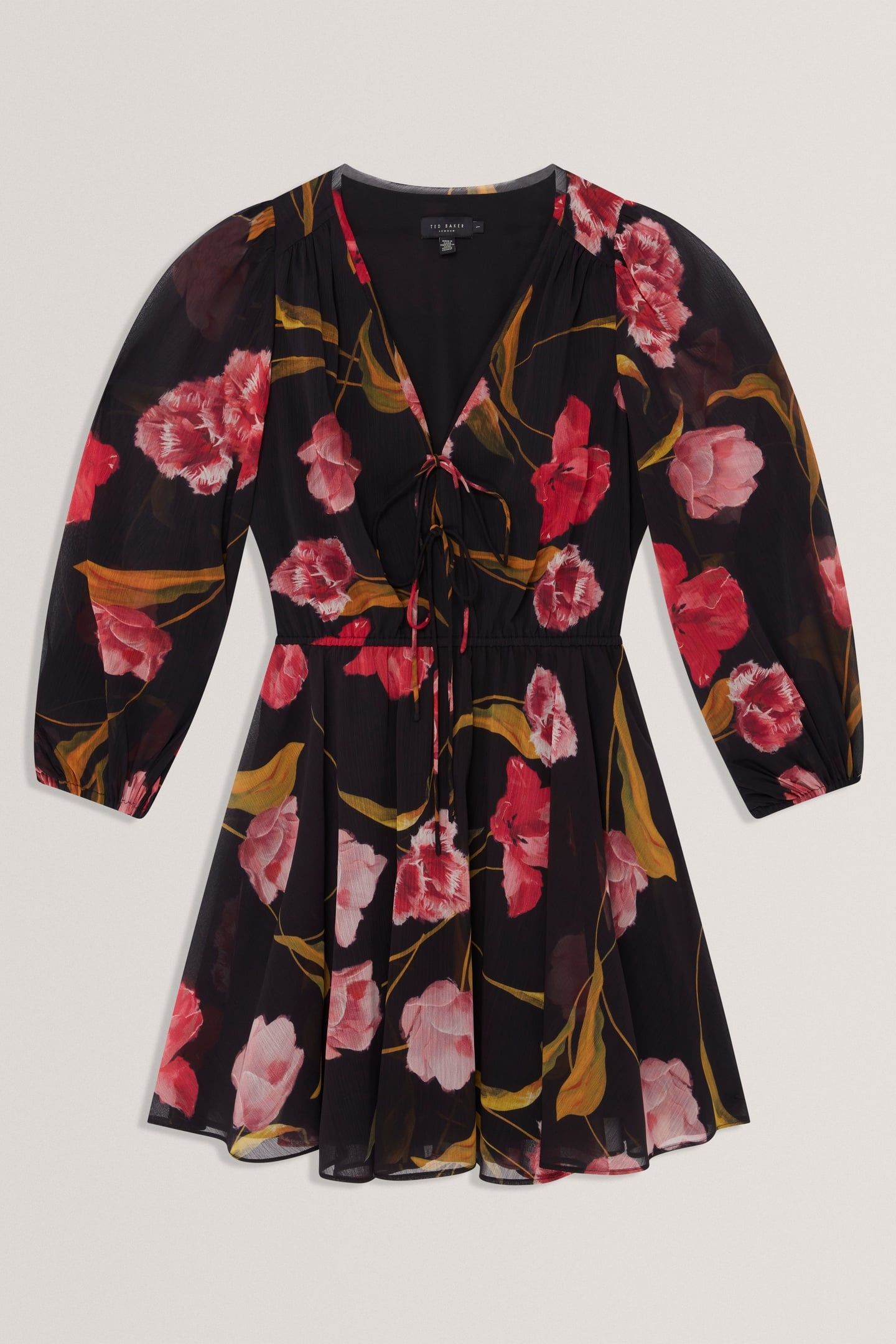 PRINTED TIE FRONT LONG SLEEVE MINI DRESS BLACK 3