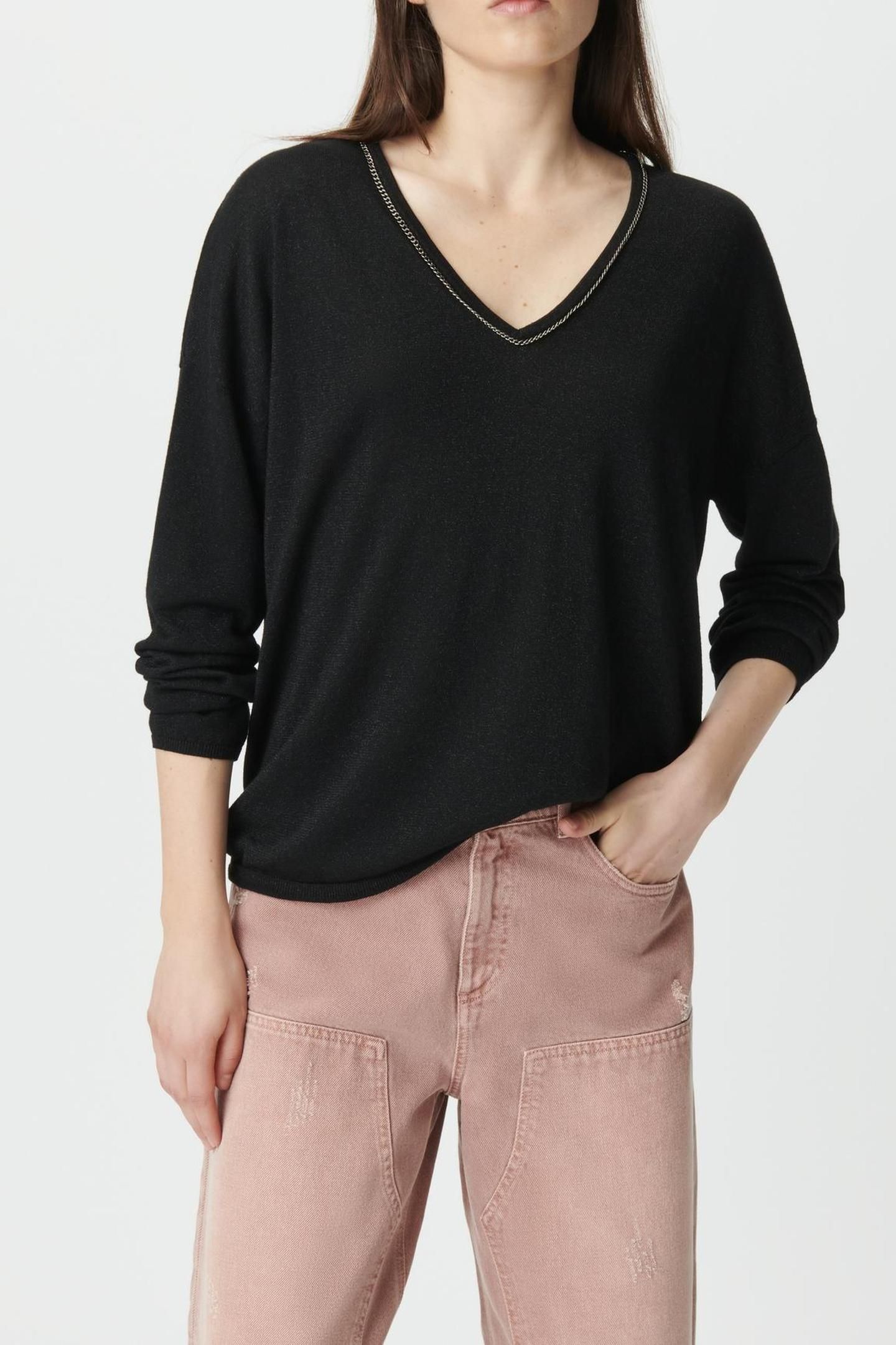 BLACK FINE LUREX KNIT SWEATER WITH JEWEL NECK 1