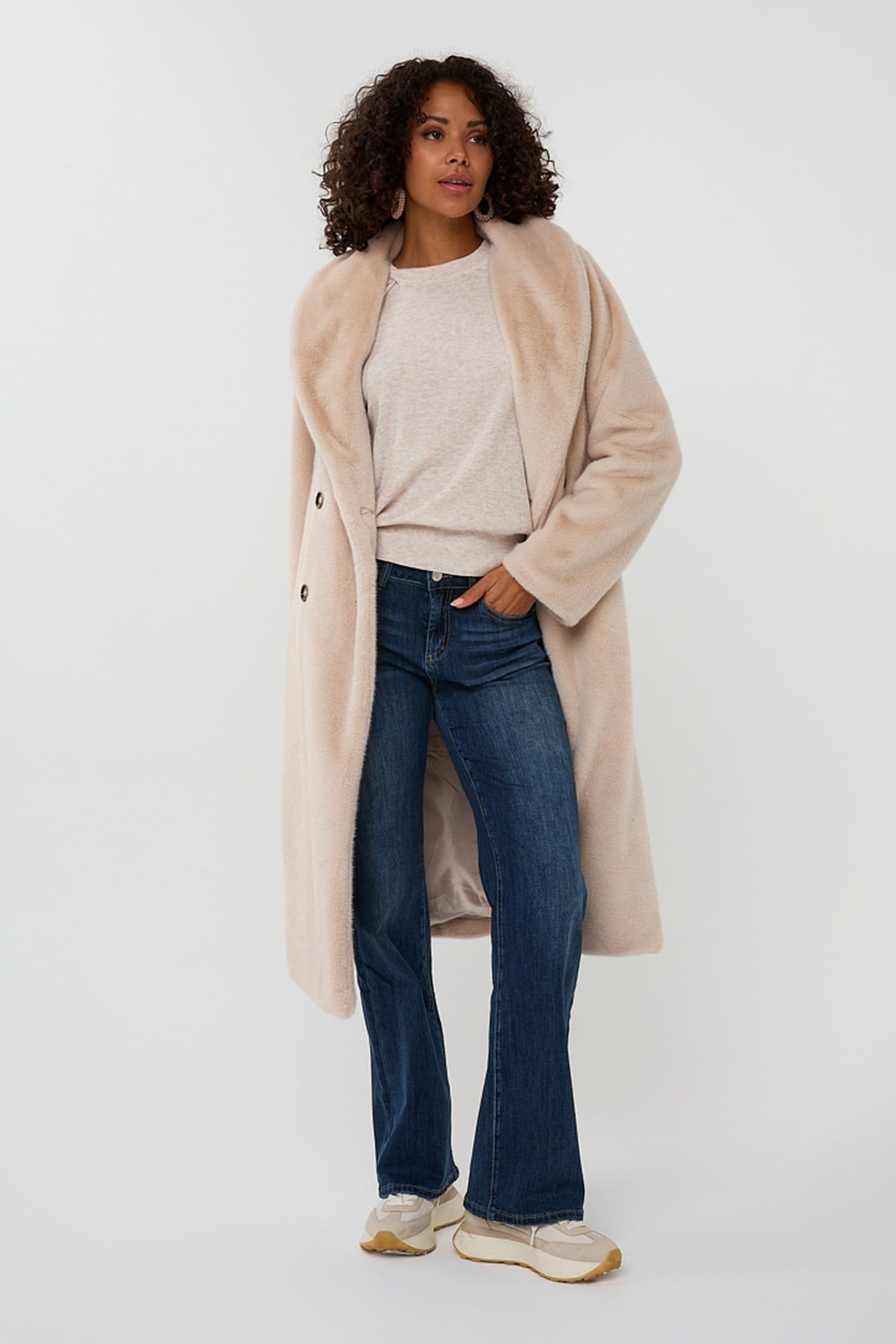 COAT SHAWL COLLAR FAKE FUR SAND 1