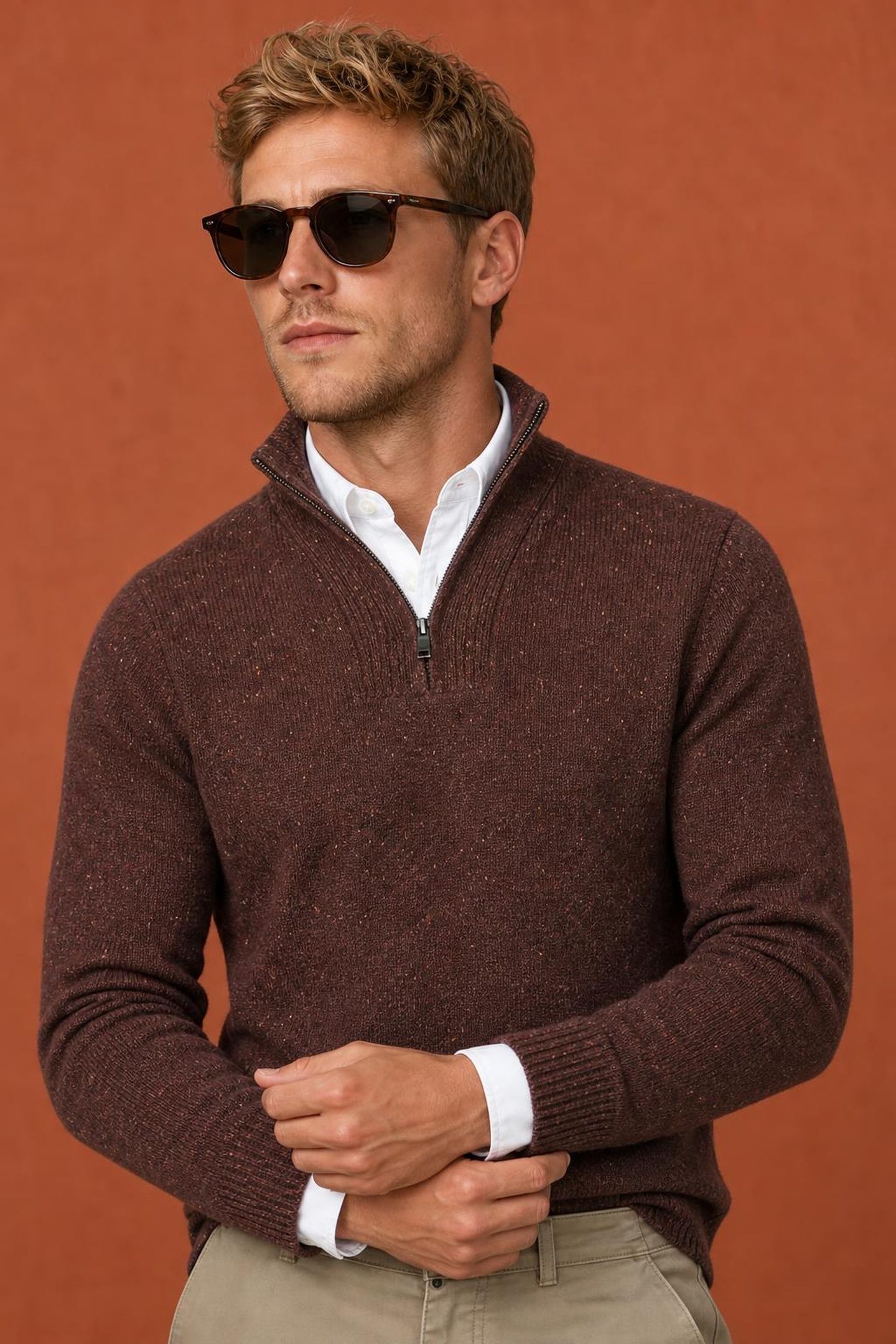 ZIP MOCK FISHERMANS SWEATER CHOCOLATE BROWN 5
