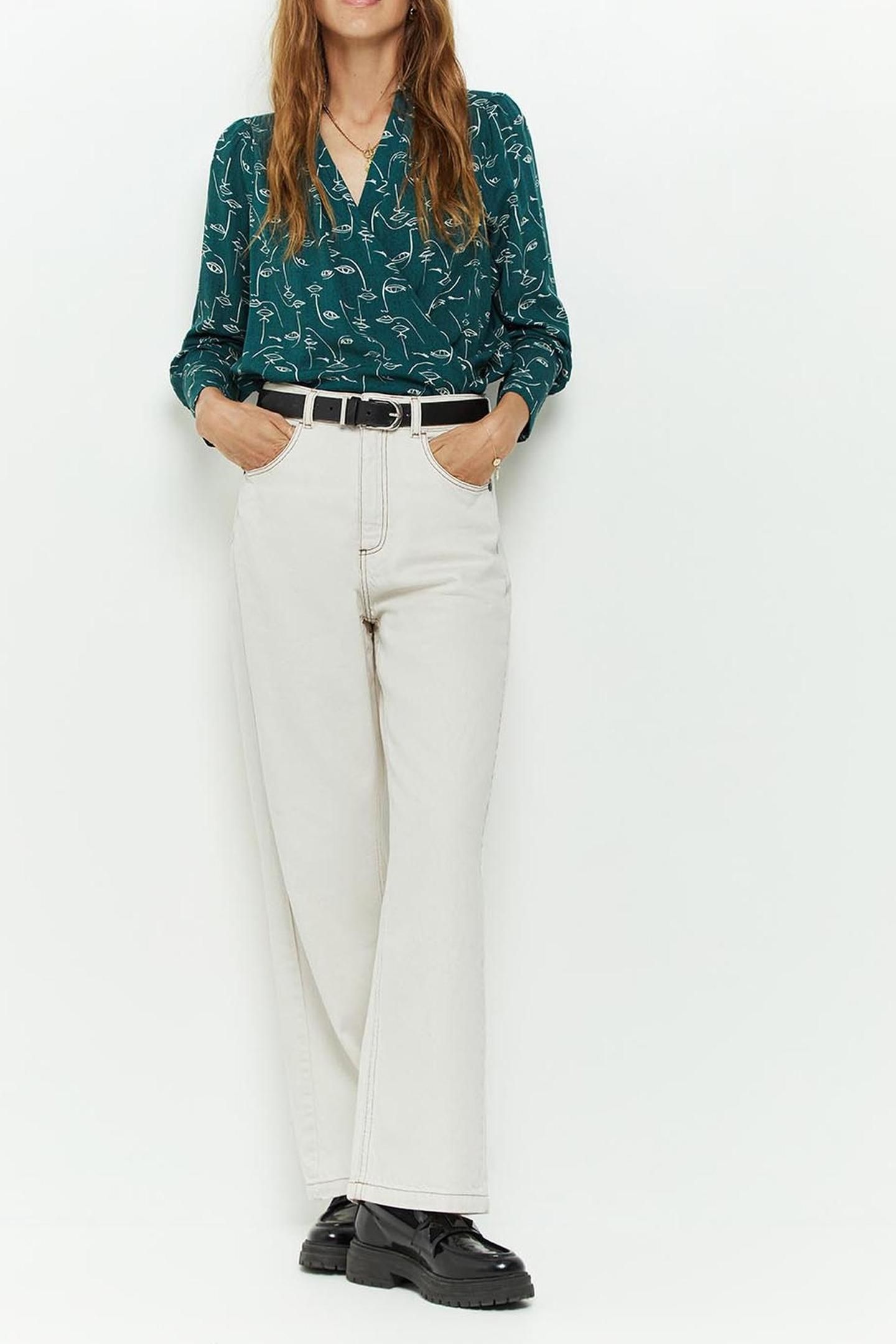 CINNAMON _ CEDAR GREEN BLOUSE WITH FACE PRINT 3