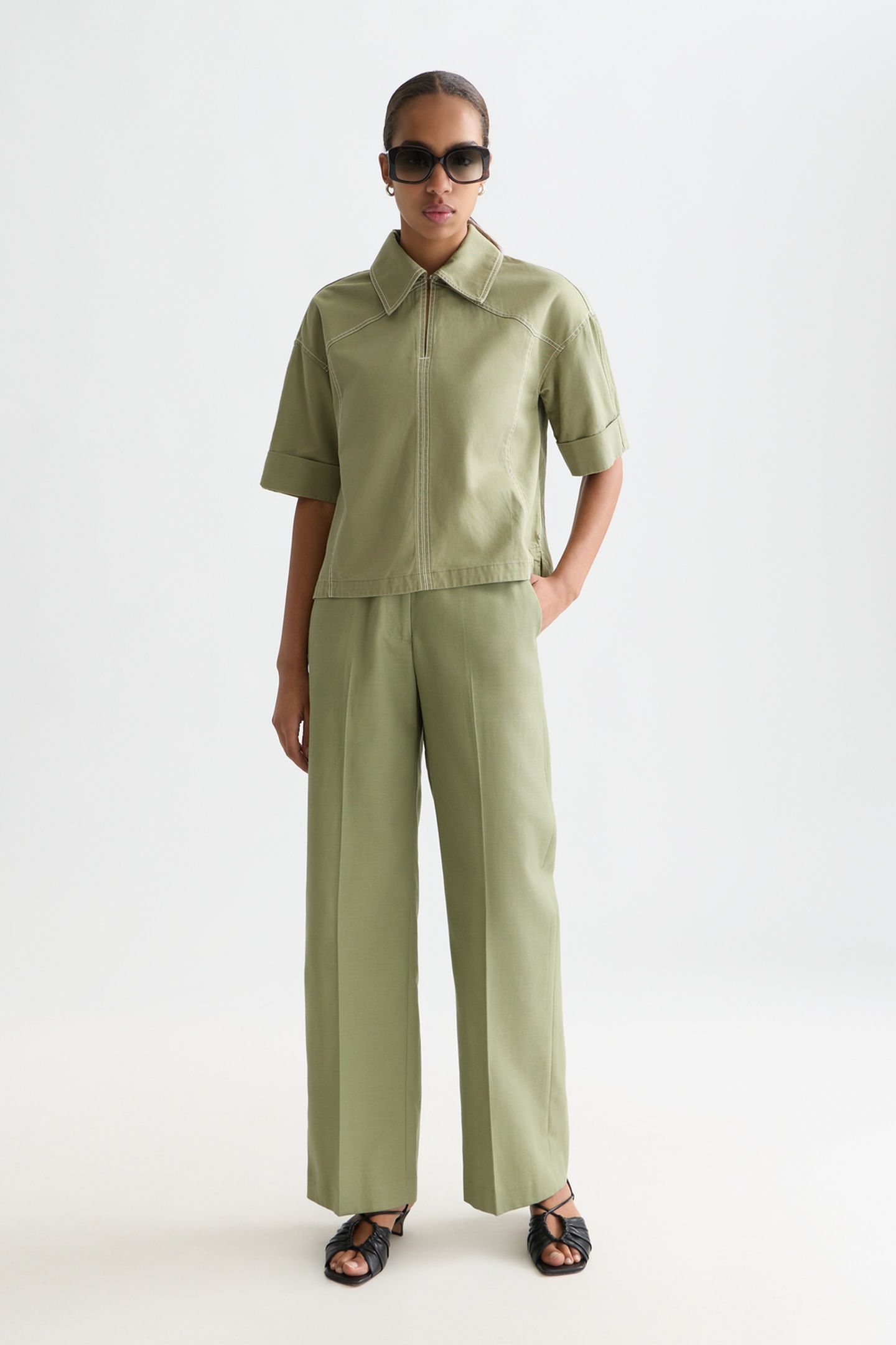 EDIE - HIGH RISE WIDE LEG PANTS OIL GREEN 3