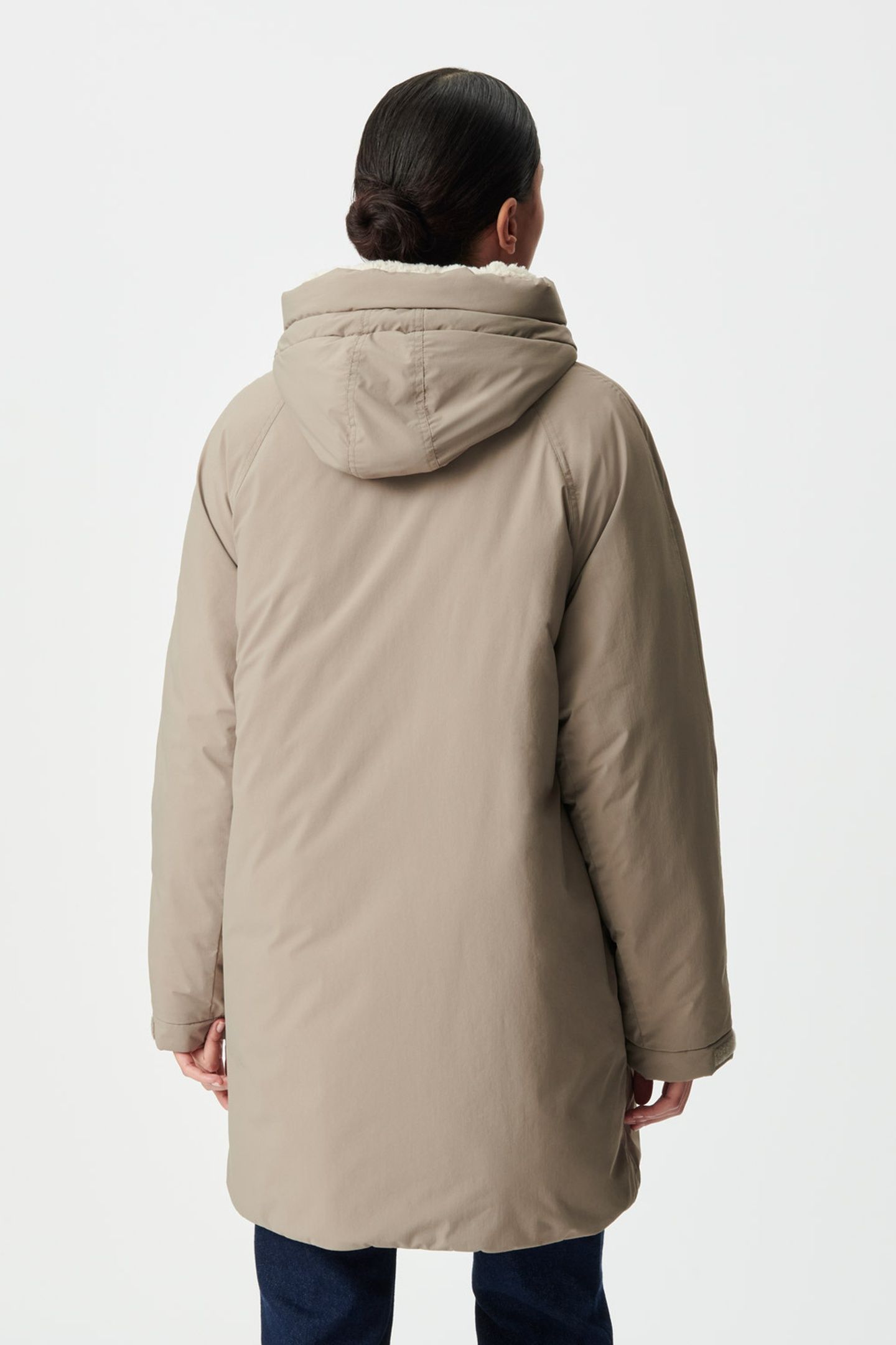 BEIGE PADDED JACKET WITH FUR-LINED HOOD 2