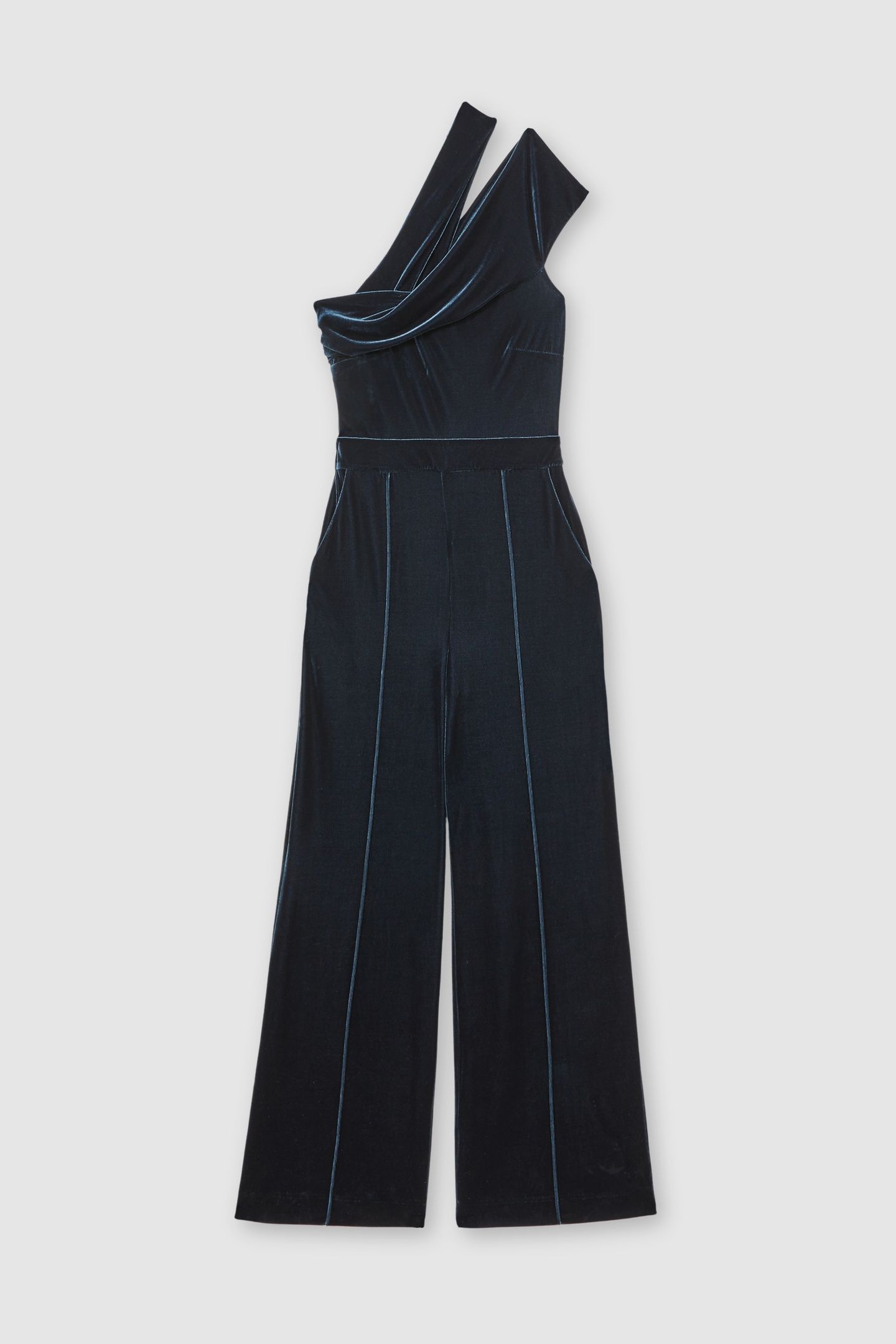 ONE SHOULDER VELVET JUMPSUIT TEAL GREEN 3