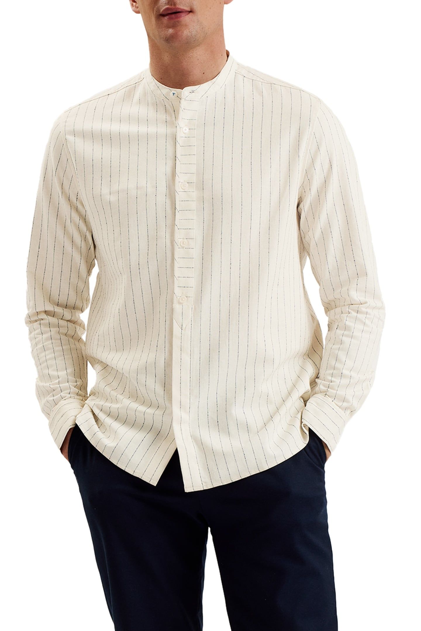 BASTIUN LS RELAXED GRANDAD COLLAR SHIRT ECRU 1
