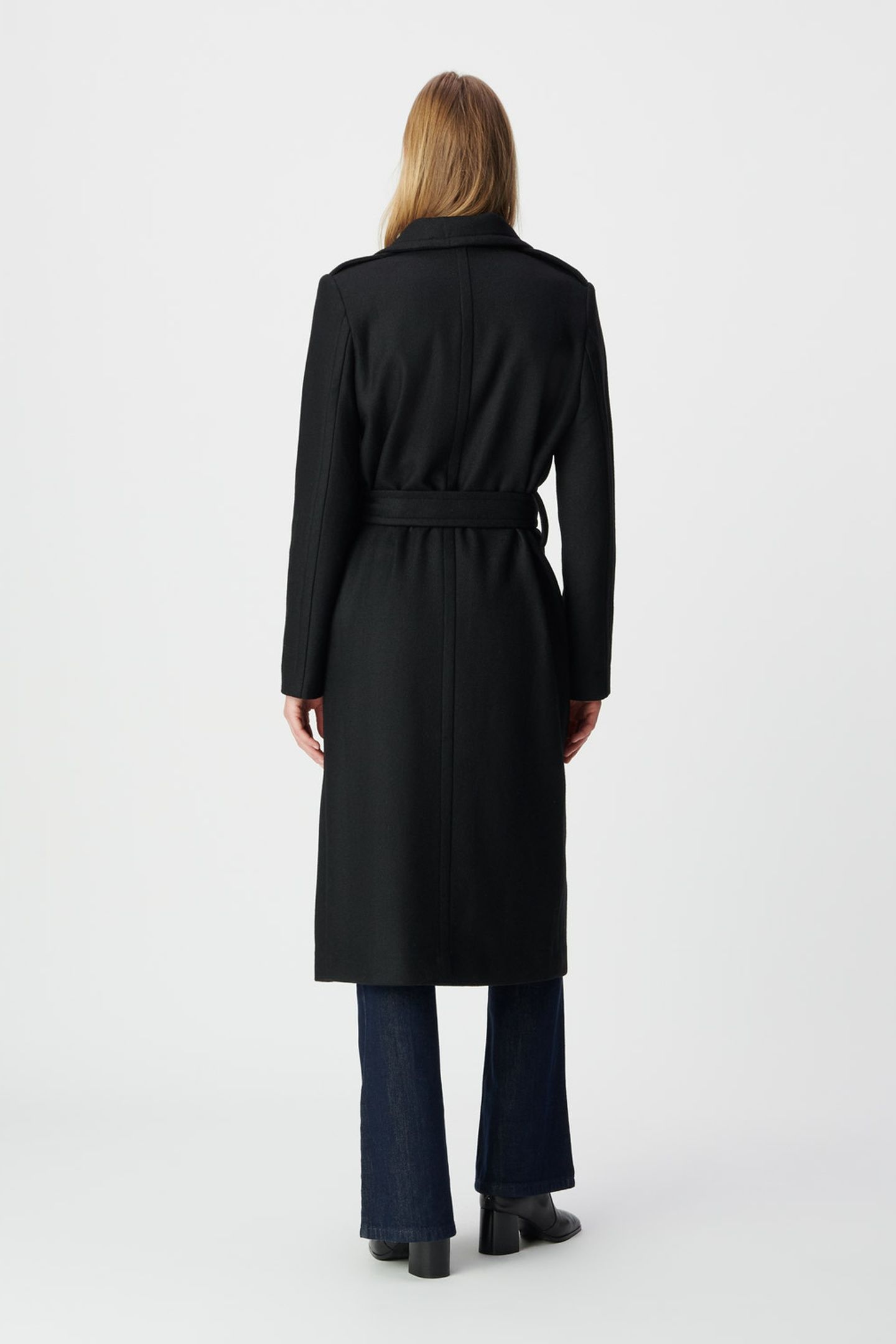 BLACK WOOLCLOTH BELTED PEA COAT-STYLE LONG COAT 2