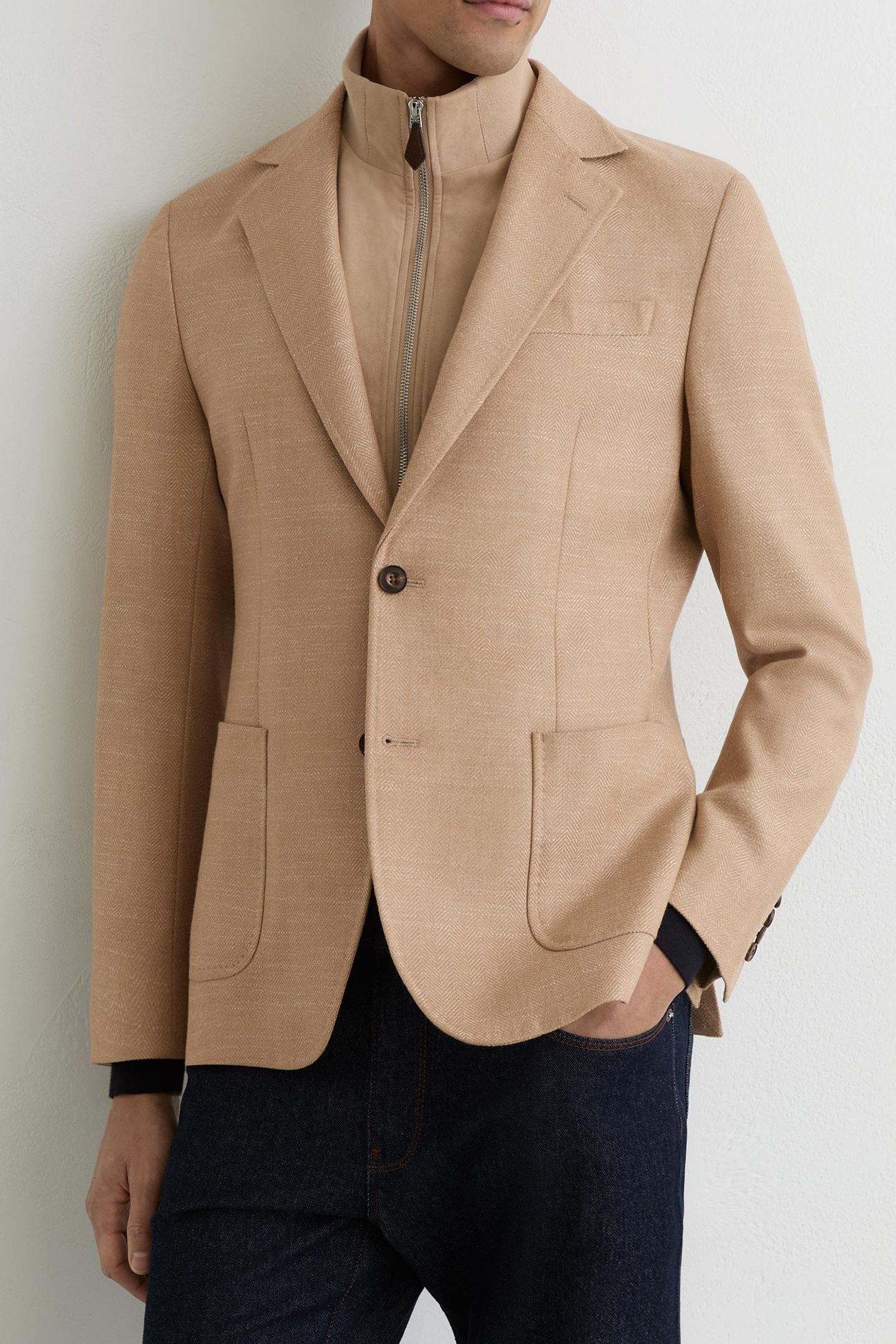 SB HERRINGBONE SUEDE INSERT GILET BLAZER CAMEL 3
