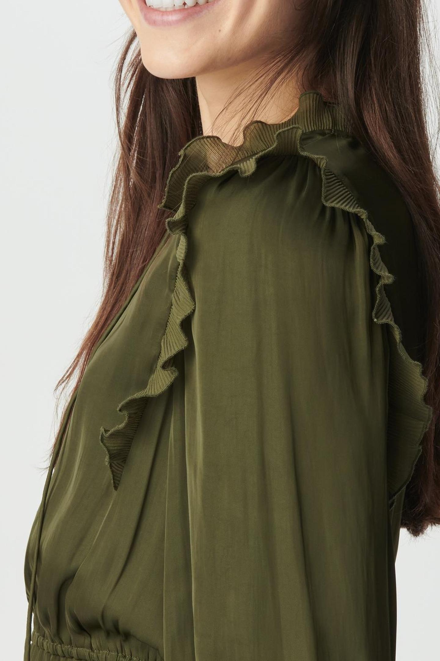 KHAKI CRUSHED SATIN DRESS WITH PLEATED RUFFLES 6