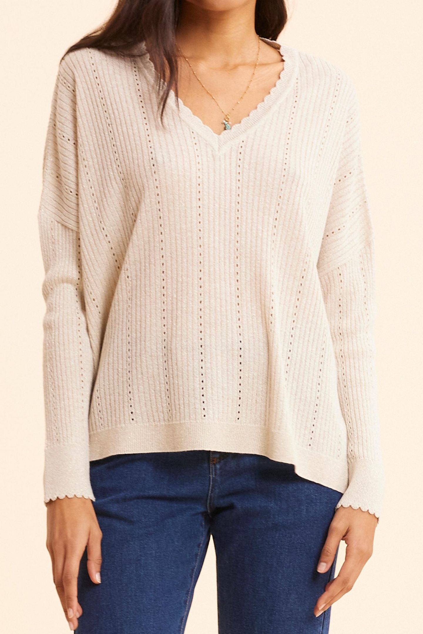 GOLD LUREX OPENWORK RIBBED KNIT SWEATER 1