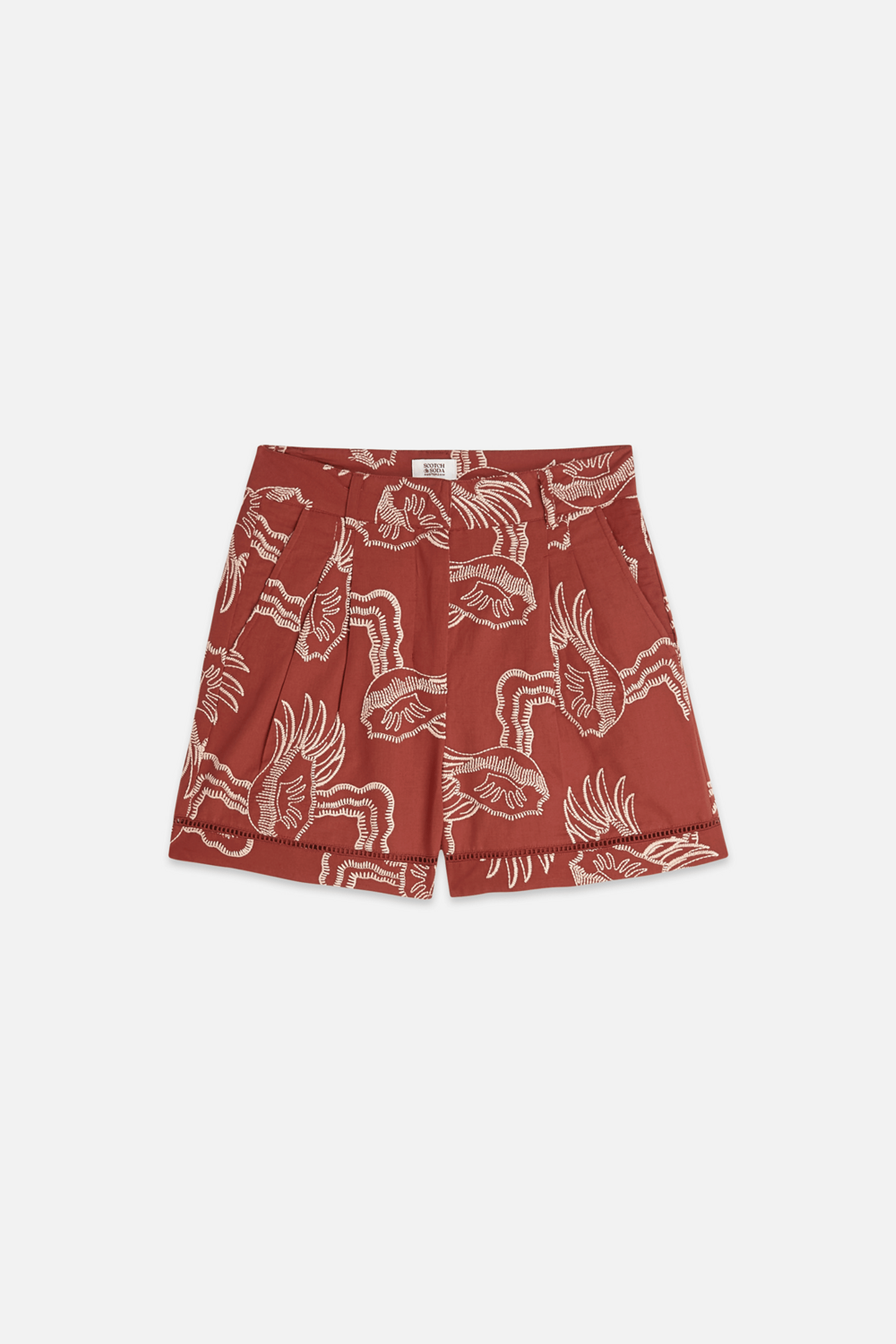 EMBROIDERED LINEN BLEND SHORTS BURNT HENNA 4