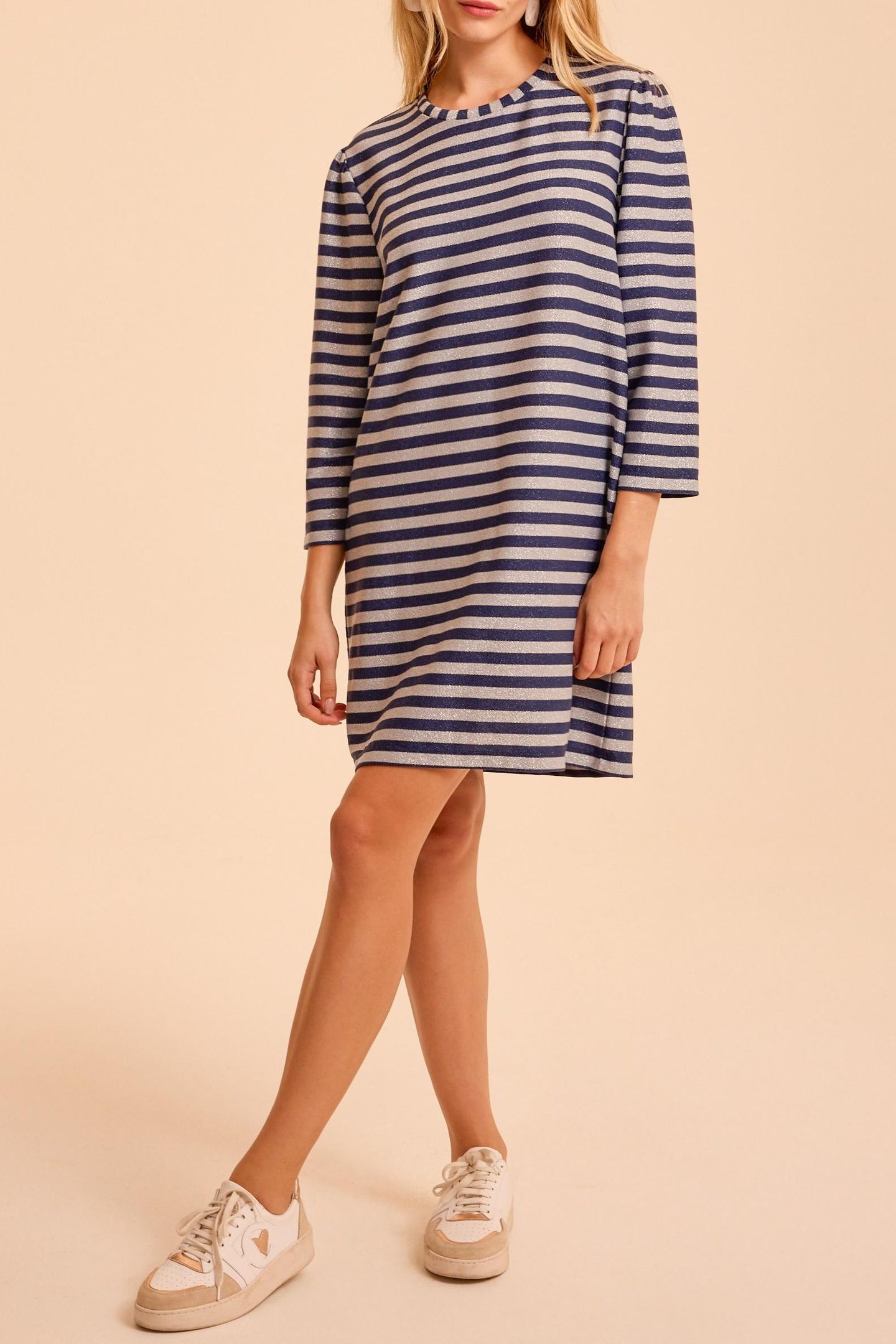 NAVY DRESS WITH GREY LUREX STRIPES 3