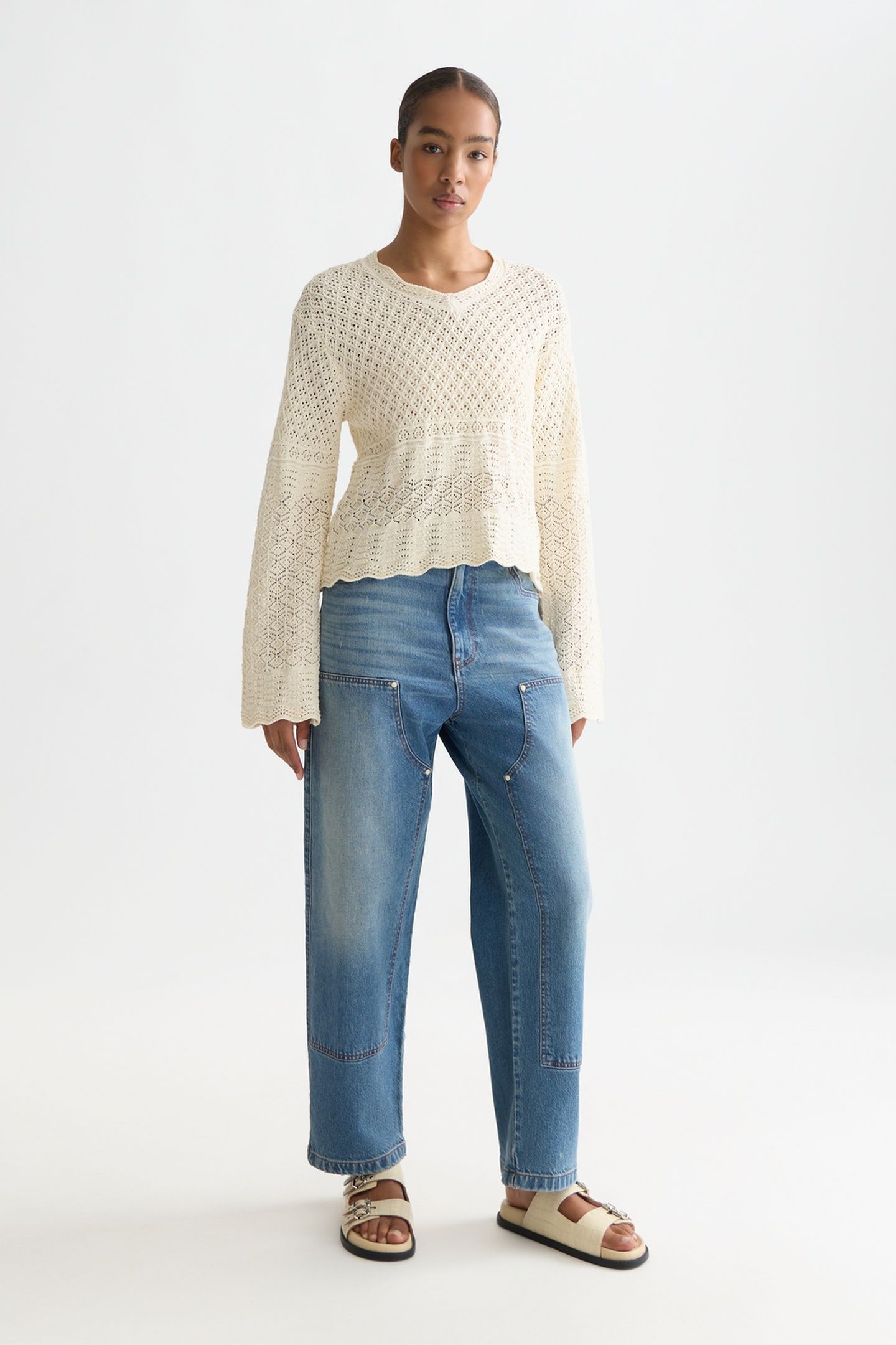 POINTELLE STITCH V NECK PULLOVER EGGNOG 3