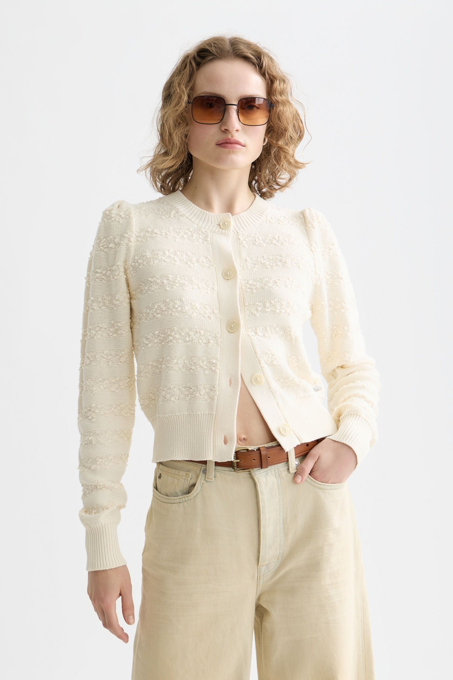 BOUCLÉ STRIPE CREW NECK CARDIGAN EGGNOG 1