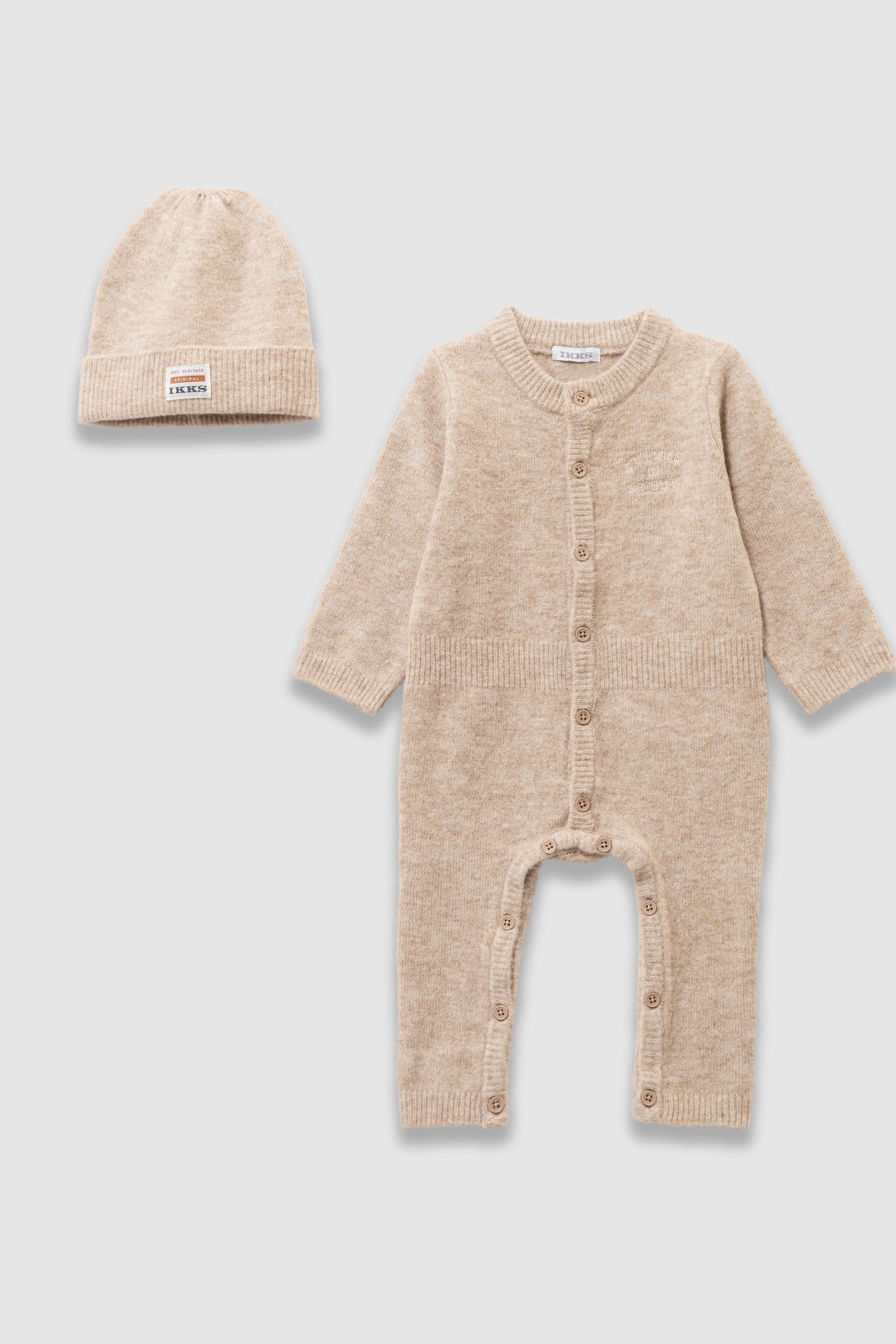BABY BOYS’ BEIGE KNIT JUMPSUIT AND BEANIE OUTFIT 1