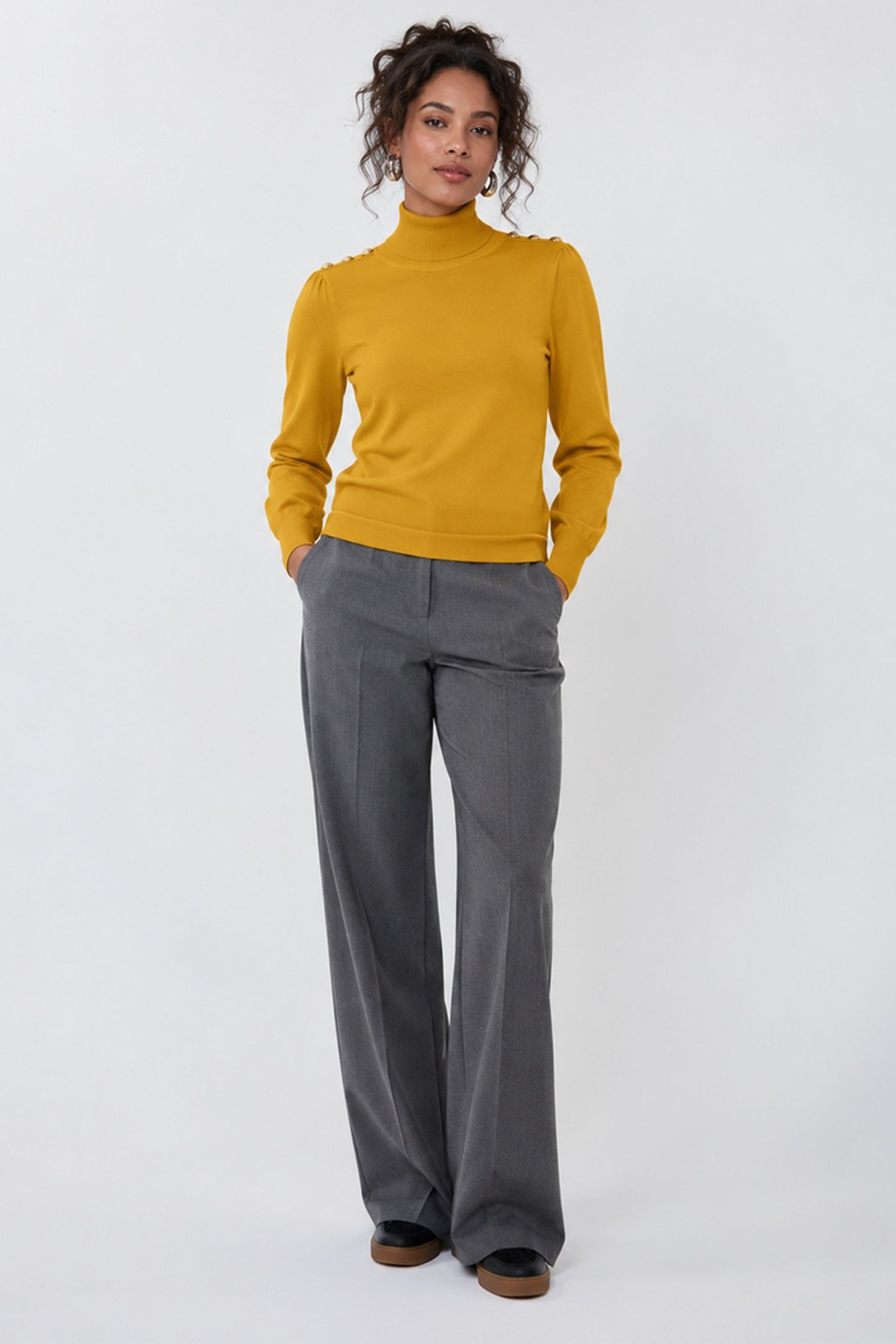 SWEATER SHLDR BUTTON COL BASIC KNIT GOLDEN OLIVE 1