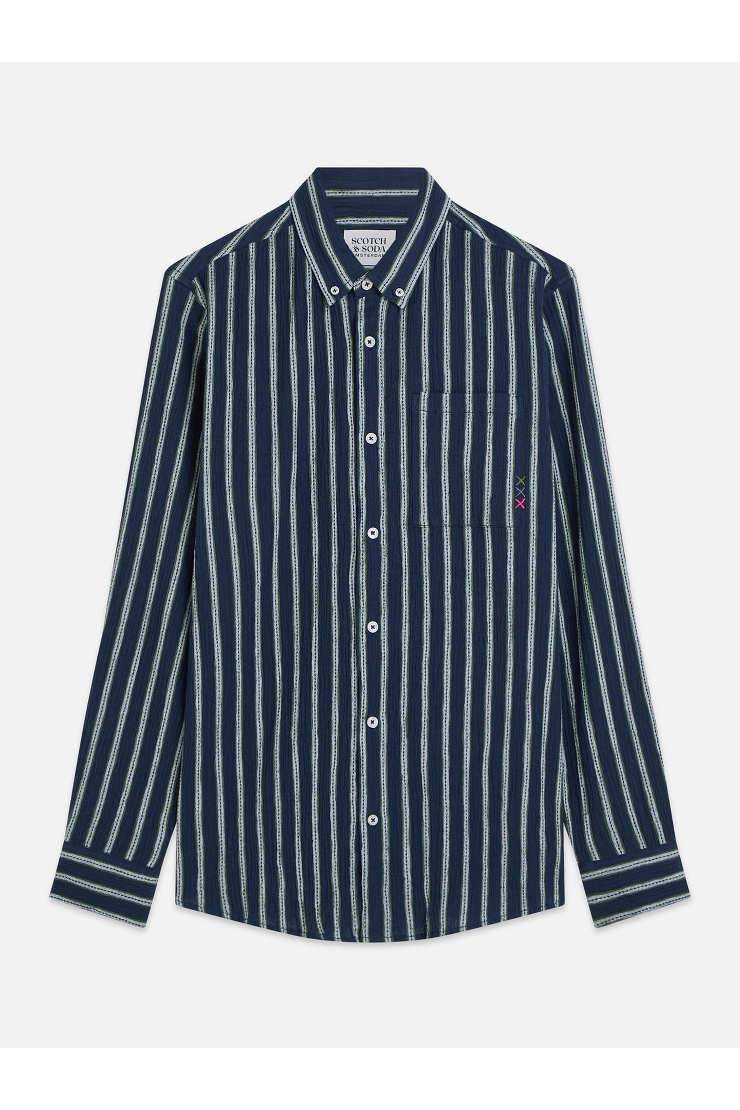 STRIPED CRINKLE STRUCTURE REGULARFIT SHIRT DARK GREEN 1