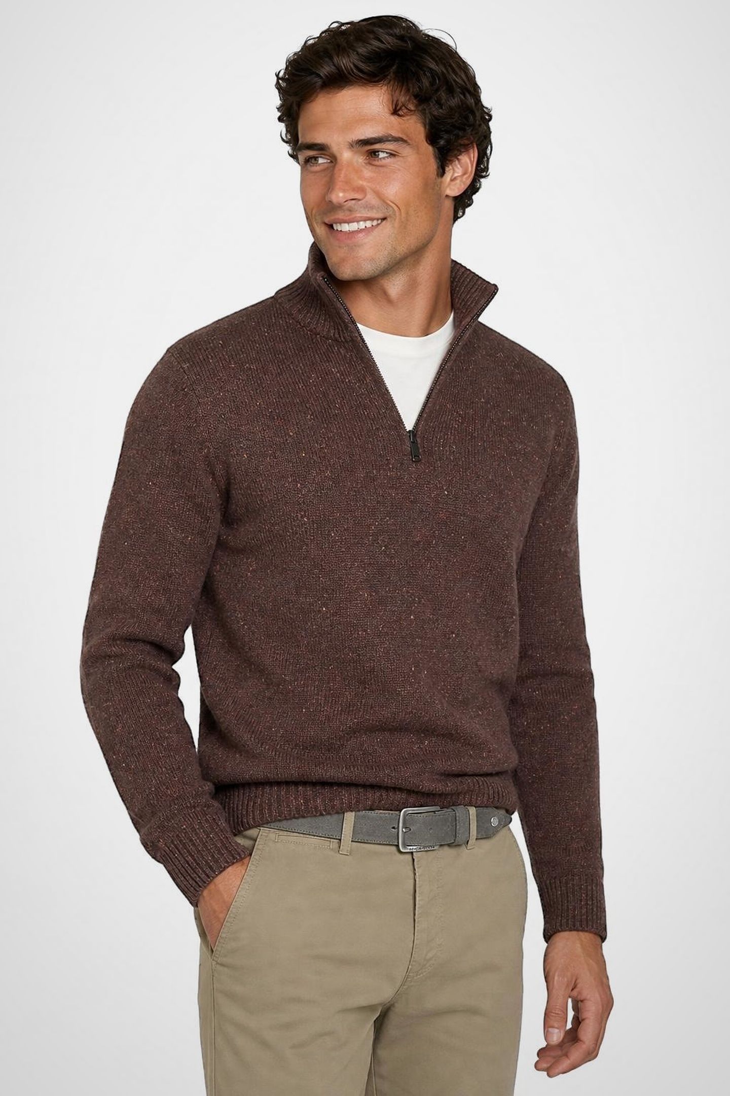 ZIP MOCK FISHERMANS SWEATER CHOCOLATE BROWN 2