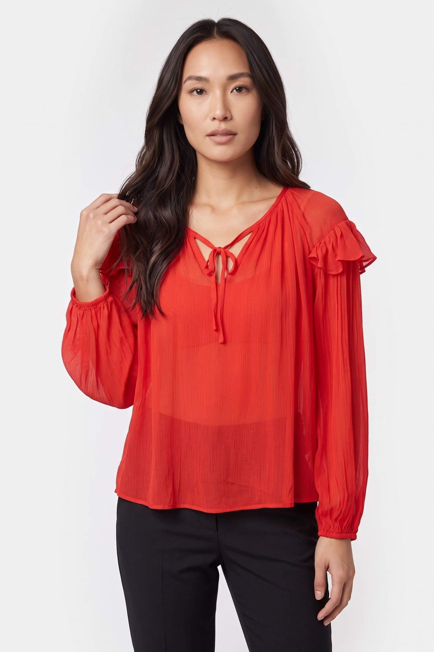 REL VISCOSE FRILL BLOUSE BOLD RED 1