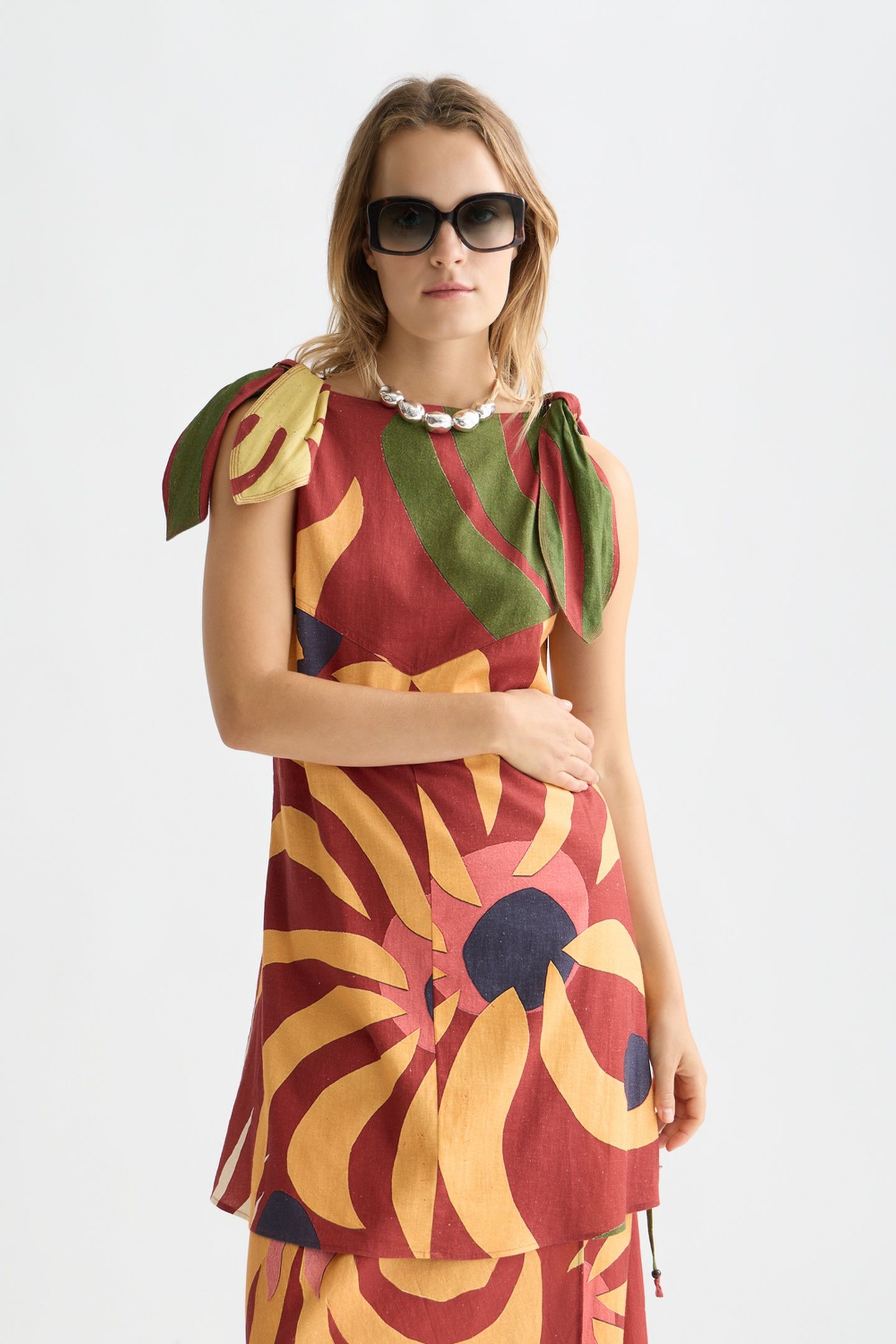 PRINTED MINI TIE DRESS DESERT HAWAIIAN BURNT HENNA 5