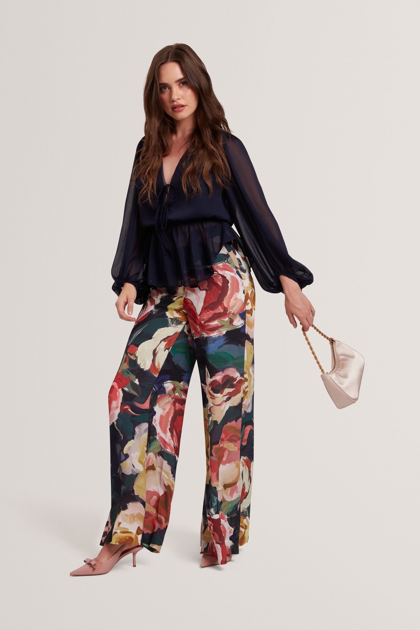 PRINTED TIE FRONT BALLOON SLEEVE BLOUSE NAVY 1