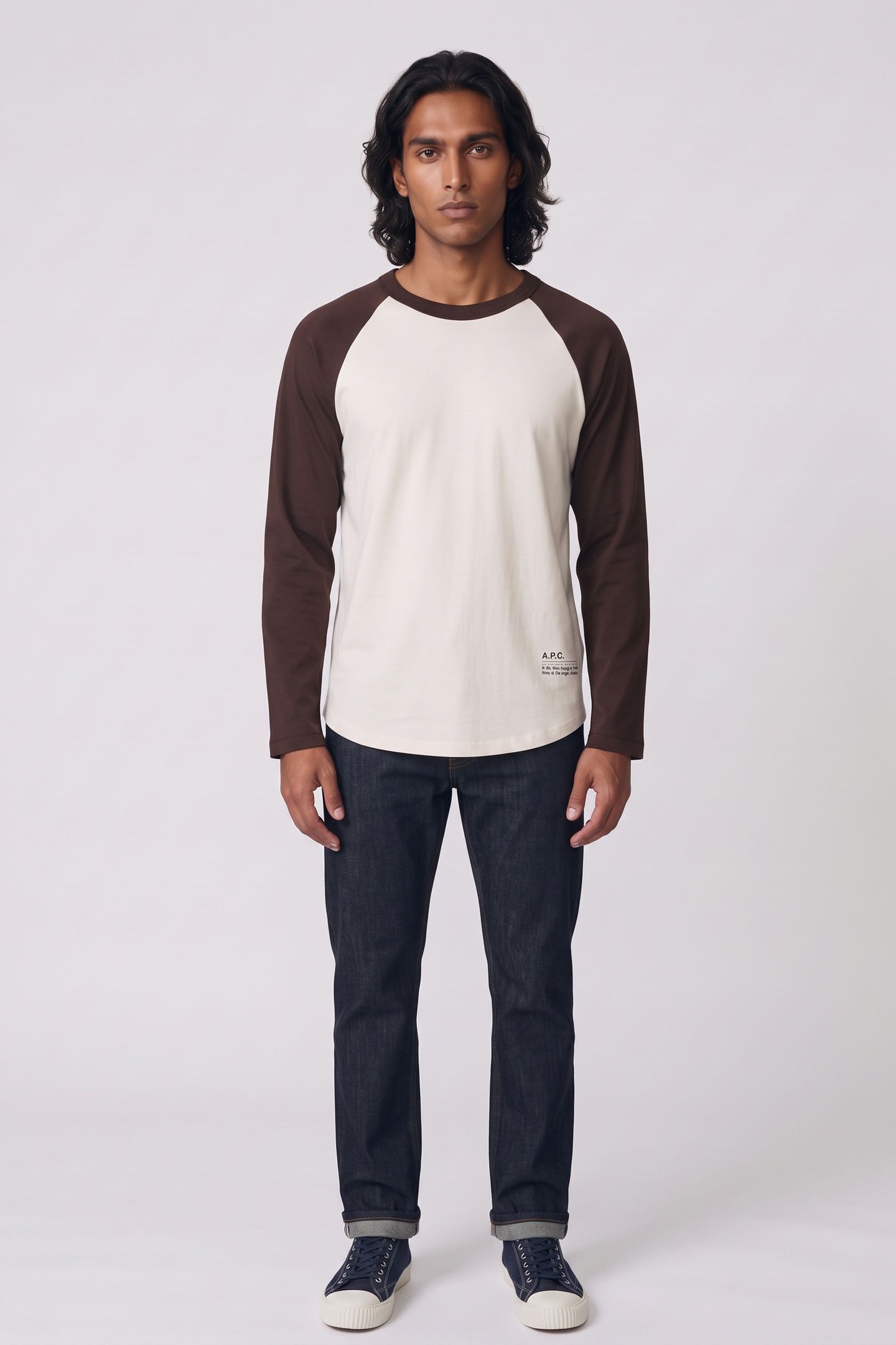 UNISEX T-SHIRT 3/4 SLEEVE CONTRAST BEIGE/BROWN 3