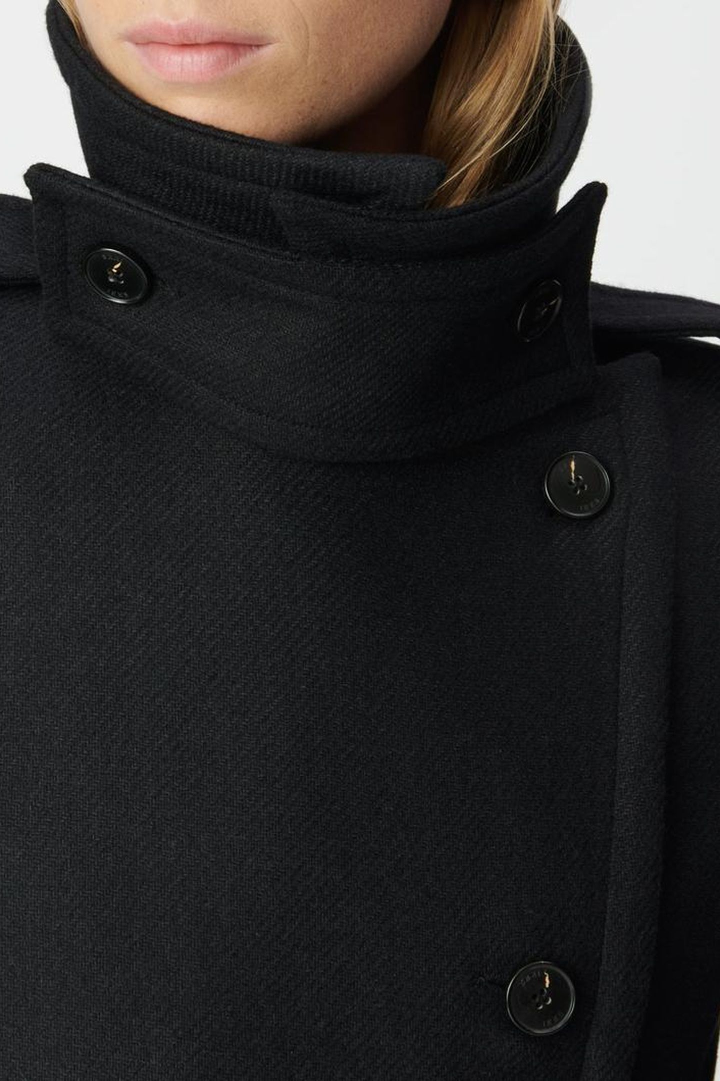BLACK WOOLCLOTH BELTED PEA COAT-STYLE LONG COAT 5