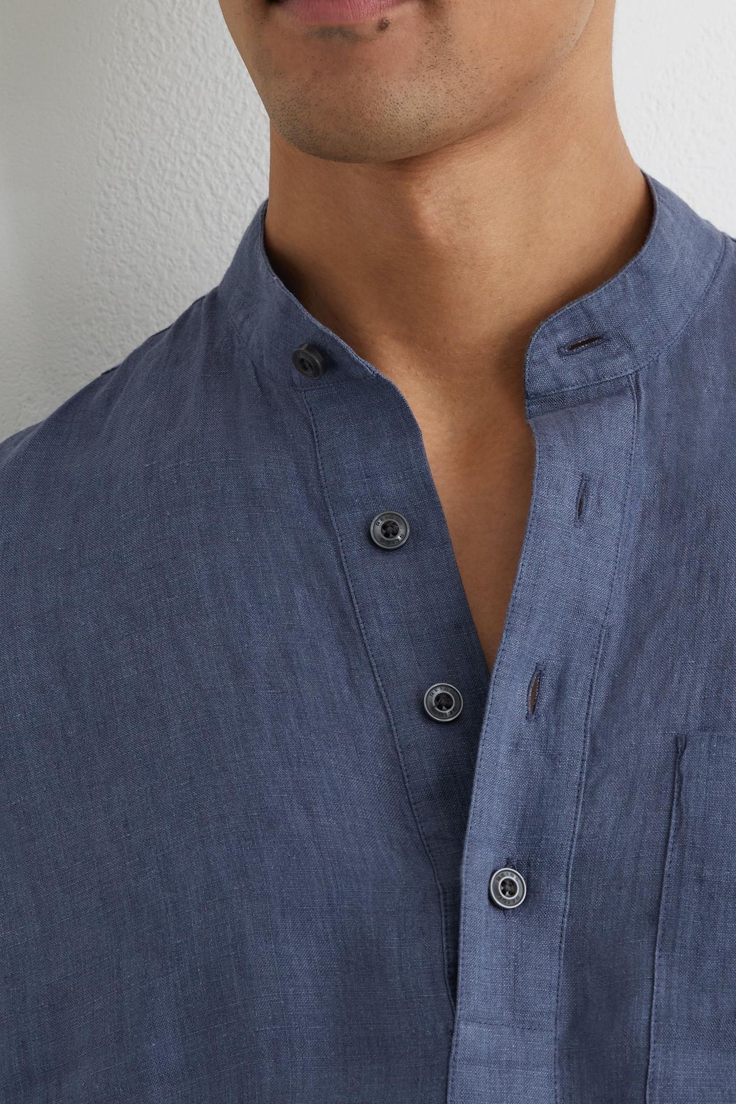 LS HALF BUTTON GRANDAD LINEN SHIRT DENIM BLUE 5