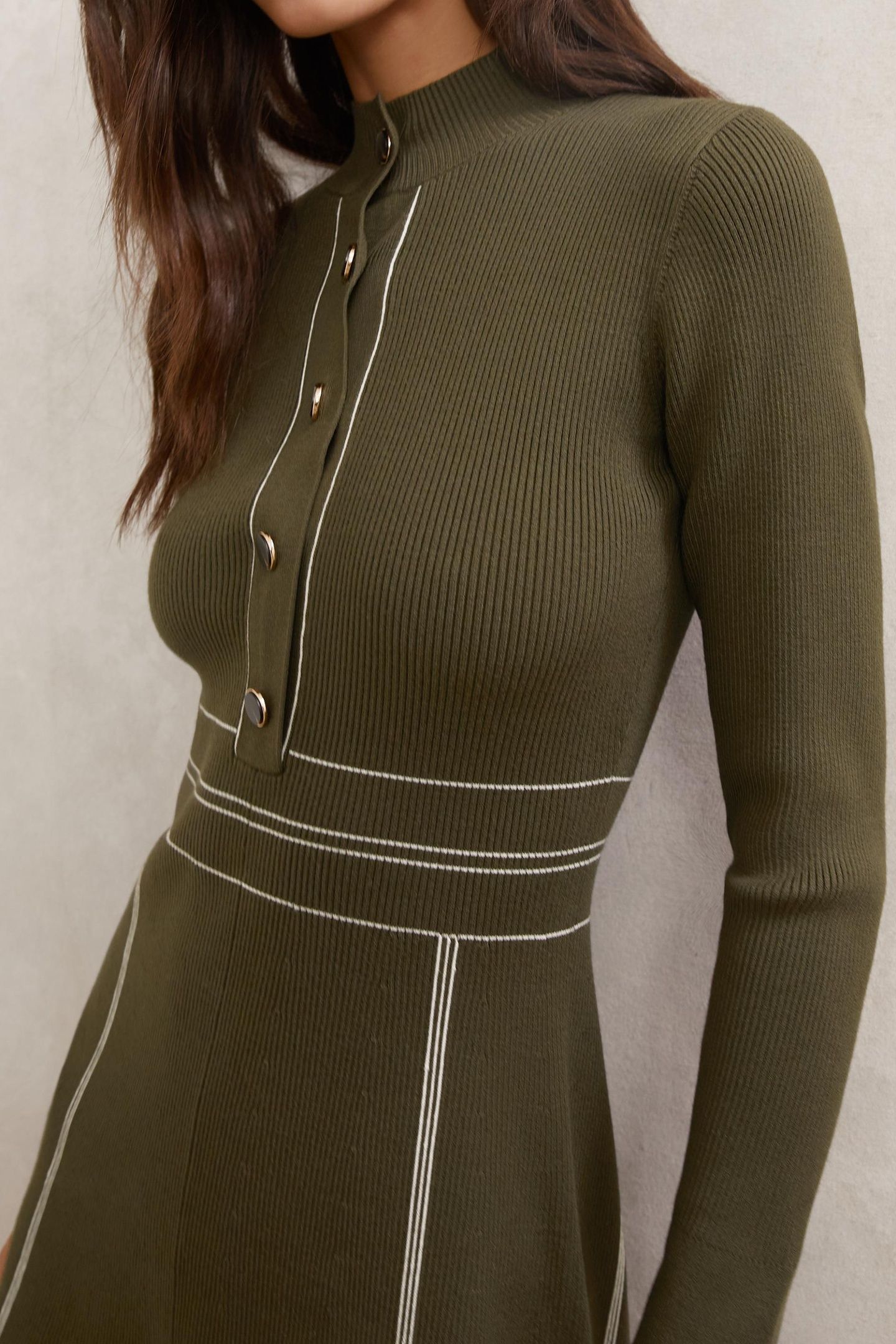 STITCH DETAIL MINI DRESS KHAKI GREEN 5