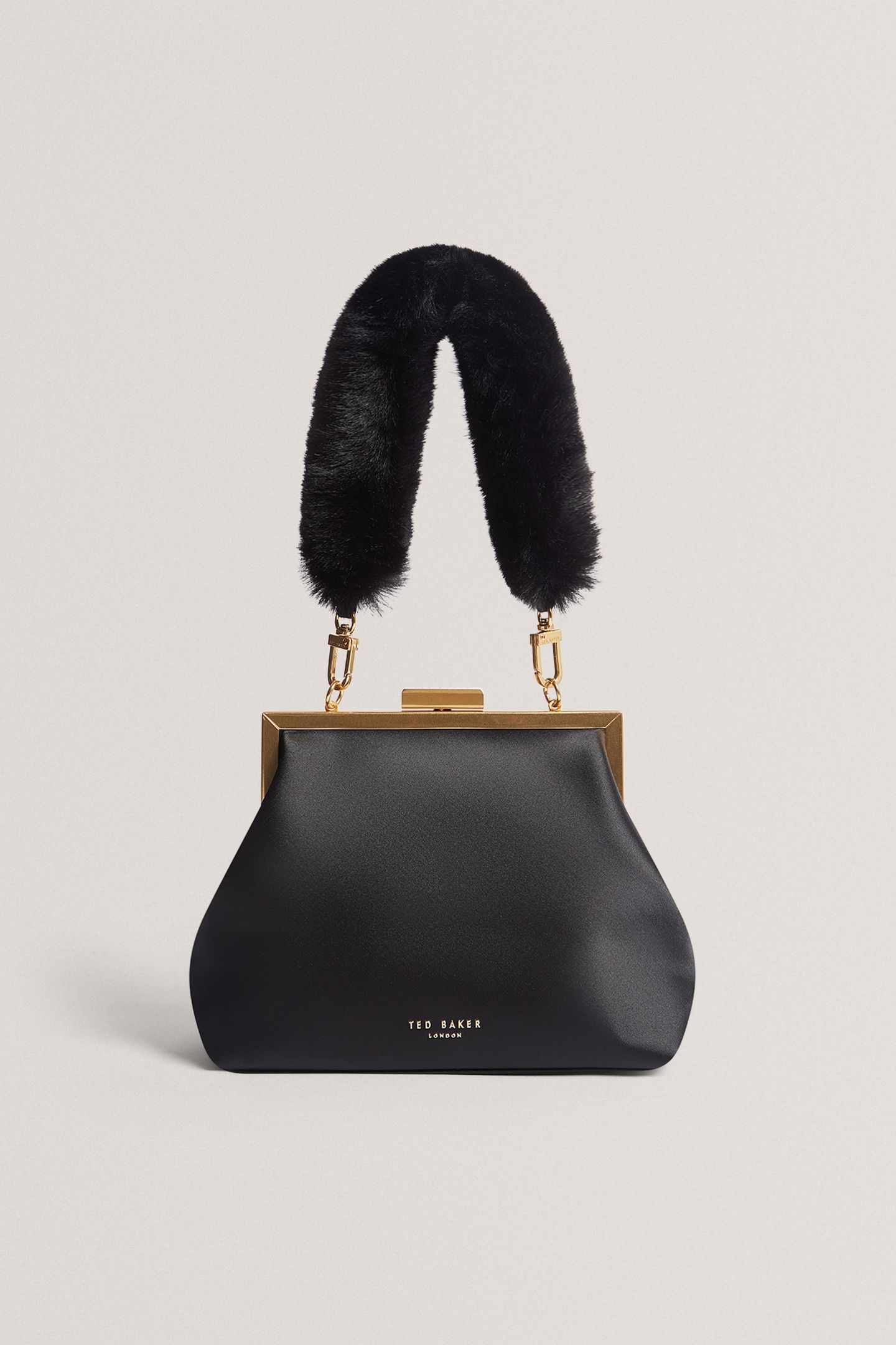 SATIN FUR HANDLE CLUTCH BAG BLACK 1