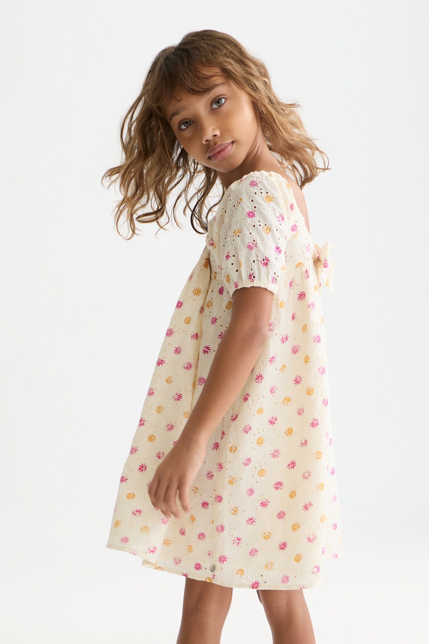 GIRLS PRINTED EMBROIDERED COTTON DRESS LIGHT BEIGE 6
