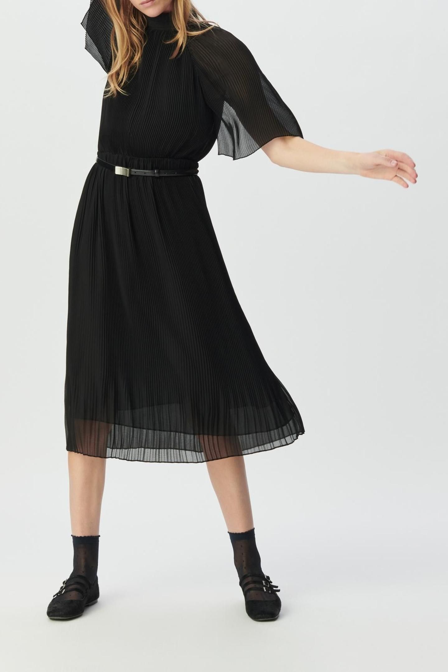 BLACK PLEATED VOILE DRESSY MIDI DRESS 4